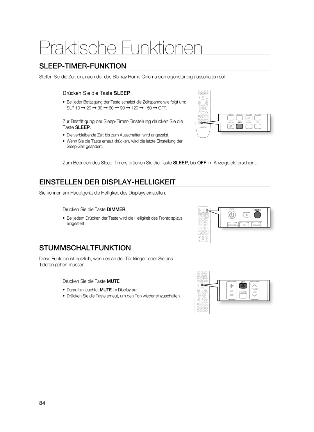 Samsung HT-BD8200T/EDC Praktische Funktionen, Sleep-Timer-Funktion, Einstellen DER DISPLAY-HELLIGKEIT, Stummschaltfunktion 