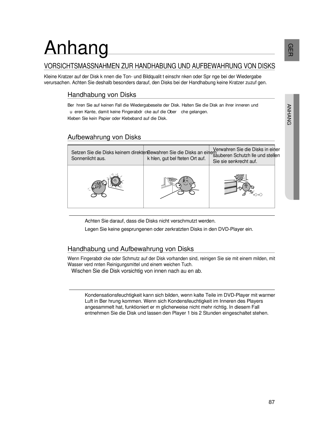 Samsung HT-BD8200T/EDC, HT-BD8200T/ADL manual Anhang, Handhabung von Disks, Handhabung und Aufbewahrung von Disks 