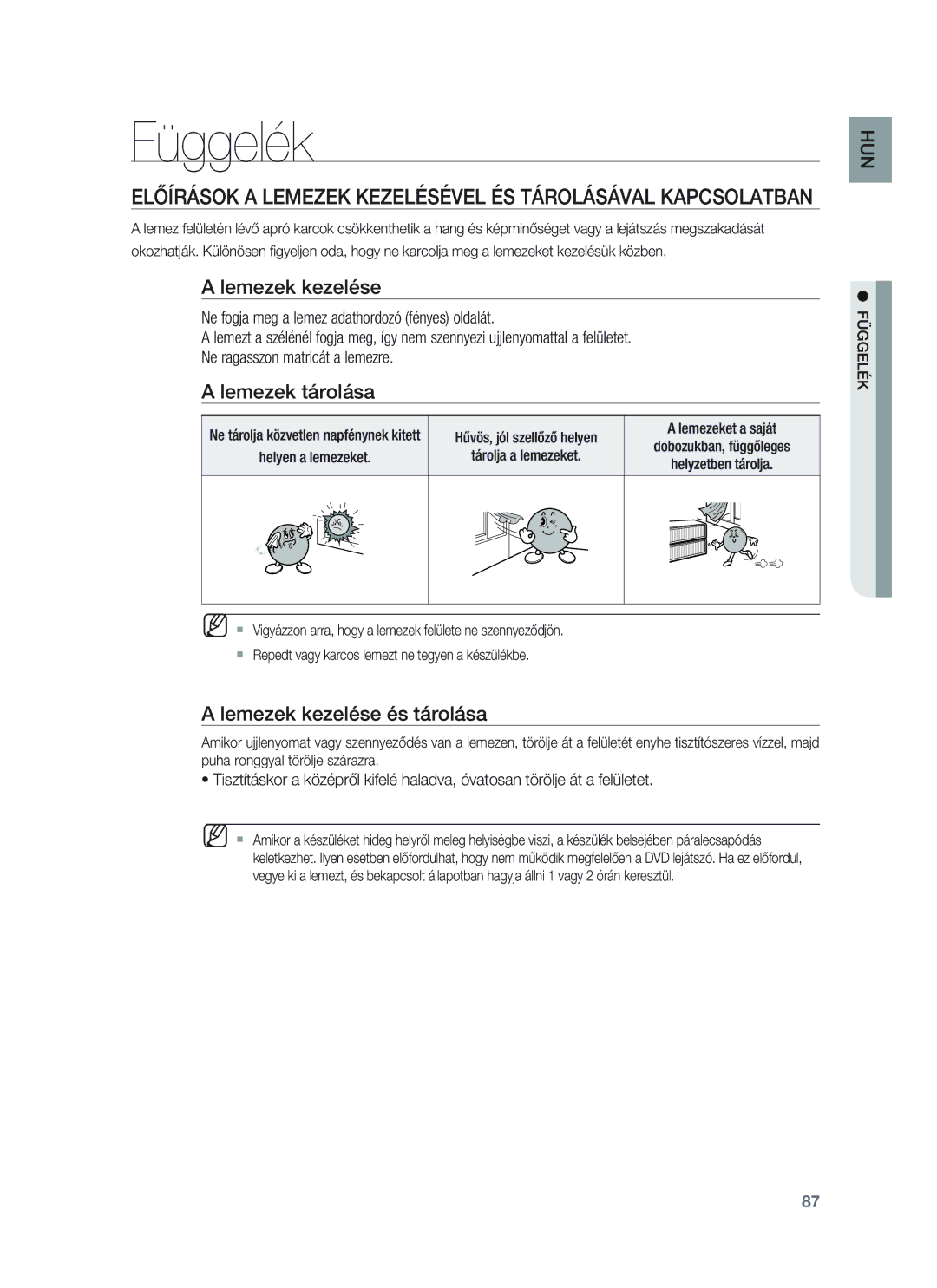 Samsung HT-BD8200T/EDC, HT-BD8200T/XET, HT-BD8200T/XEE manual Függelék, Lemezek tárolása, Lemezek kezelése és tárolása 