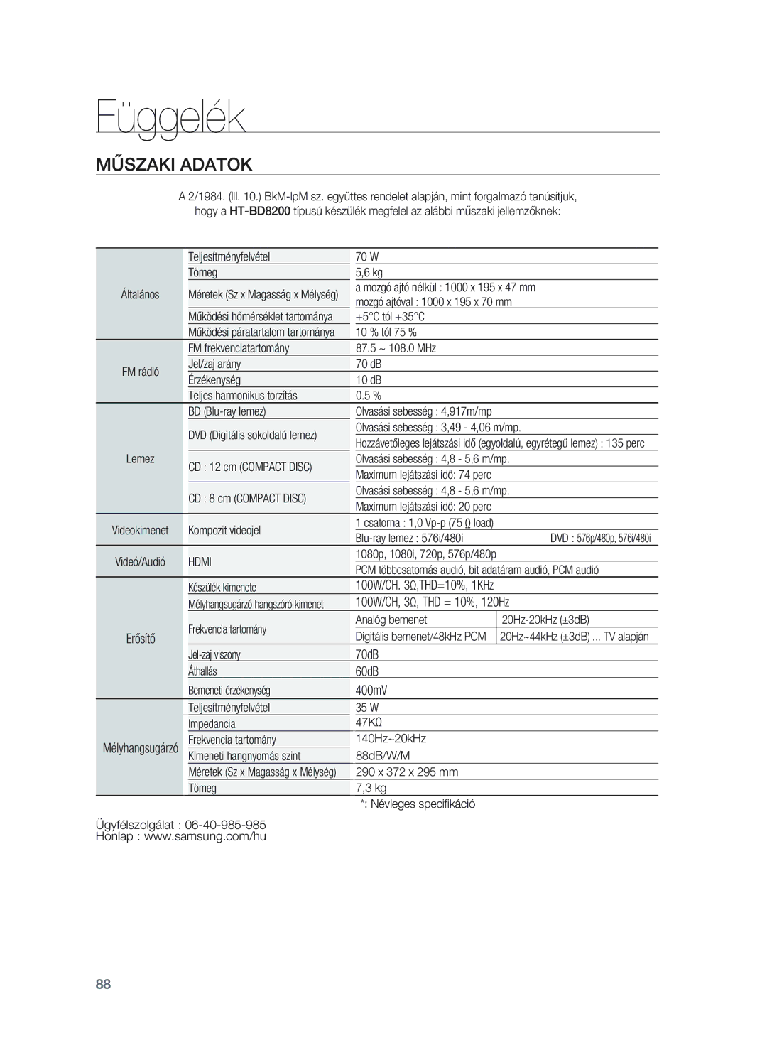 Samsung HT-BD8200T/XET, HT-BD8200T/EDC, HT-BD8200T/XEE Műszaki Adatok, 100W/CH, 3Ω, THD = 10%, 120Hz, 70dB, 60dB, 400mV 