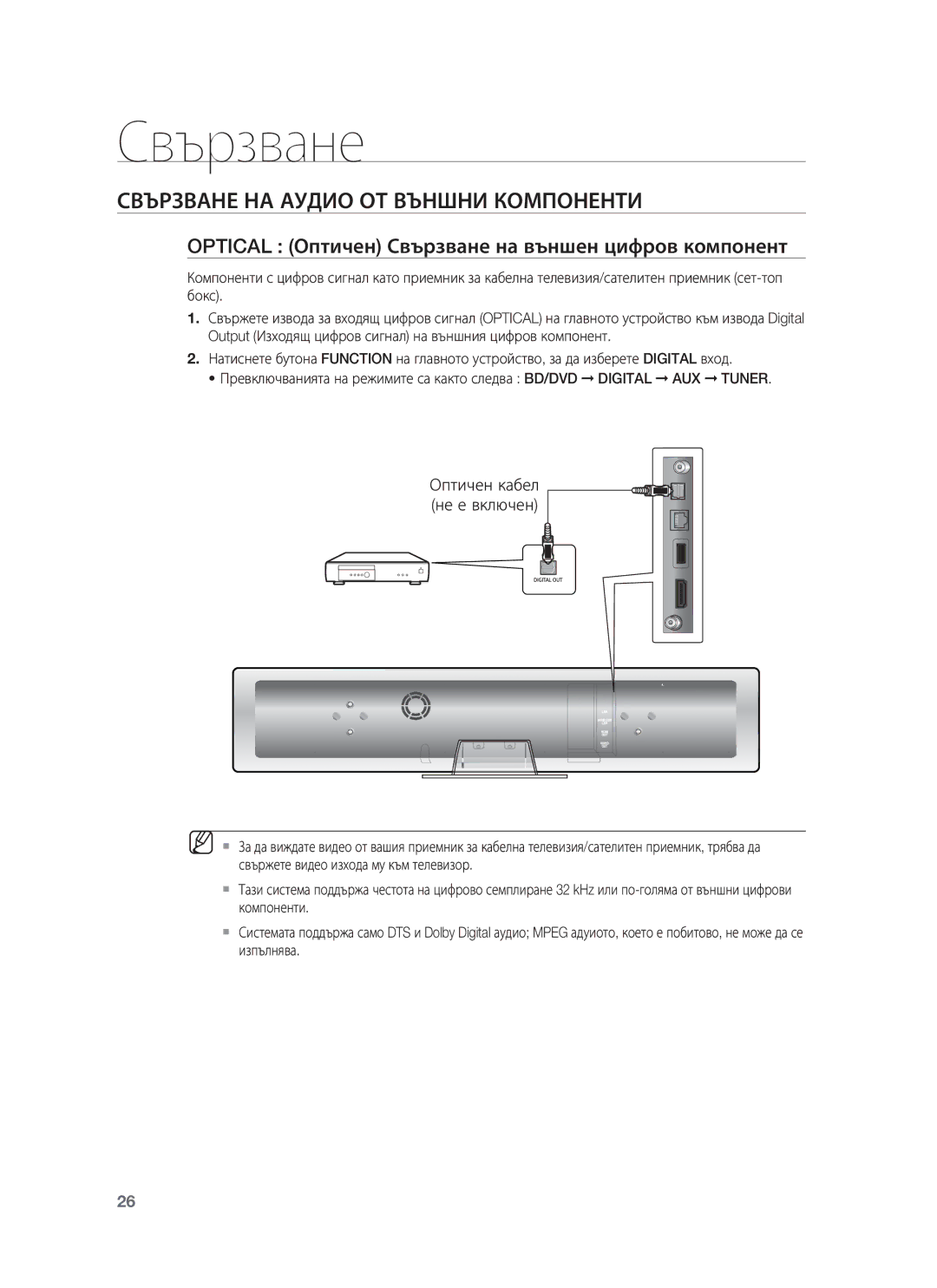 Samsung HT-BD8200T/EDC manual Свързване НА Аудио ОТ Външни Компоненти, Optical Оптичен Свързване на външен цифров компонент 