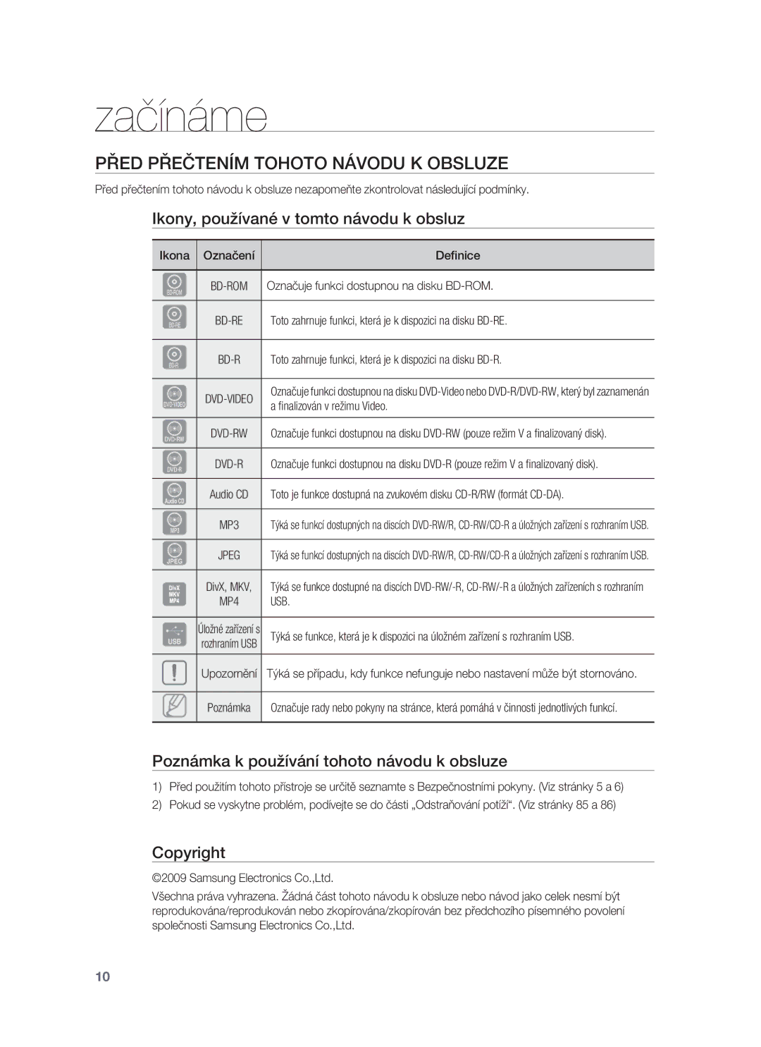 Samsung HT-BD8200T/EDC manual Začínáme, Před Přečtením Tohoto Návodu K Obsluze, Ikony, používané v tomto návodu k obsluz 