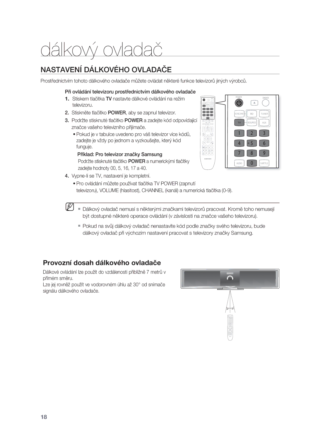 Samsung HT-BD8200T/EDC manual Nastavení Dálkového Ovladače, Provozní dosah dálkového ovladače 