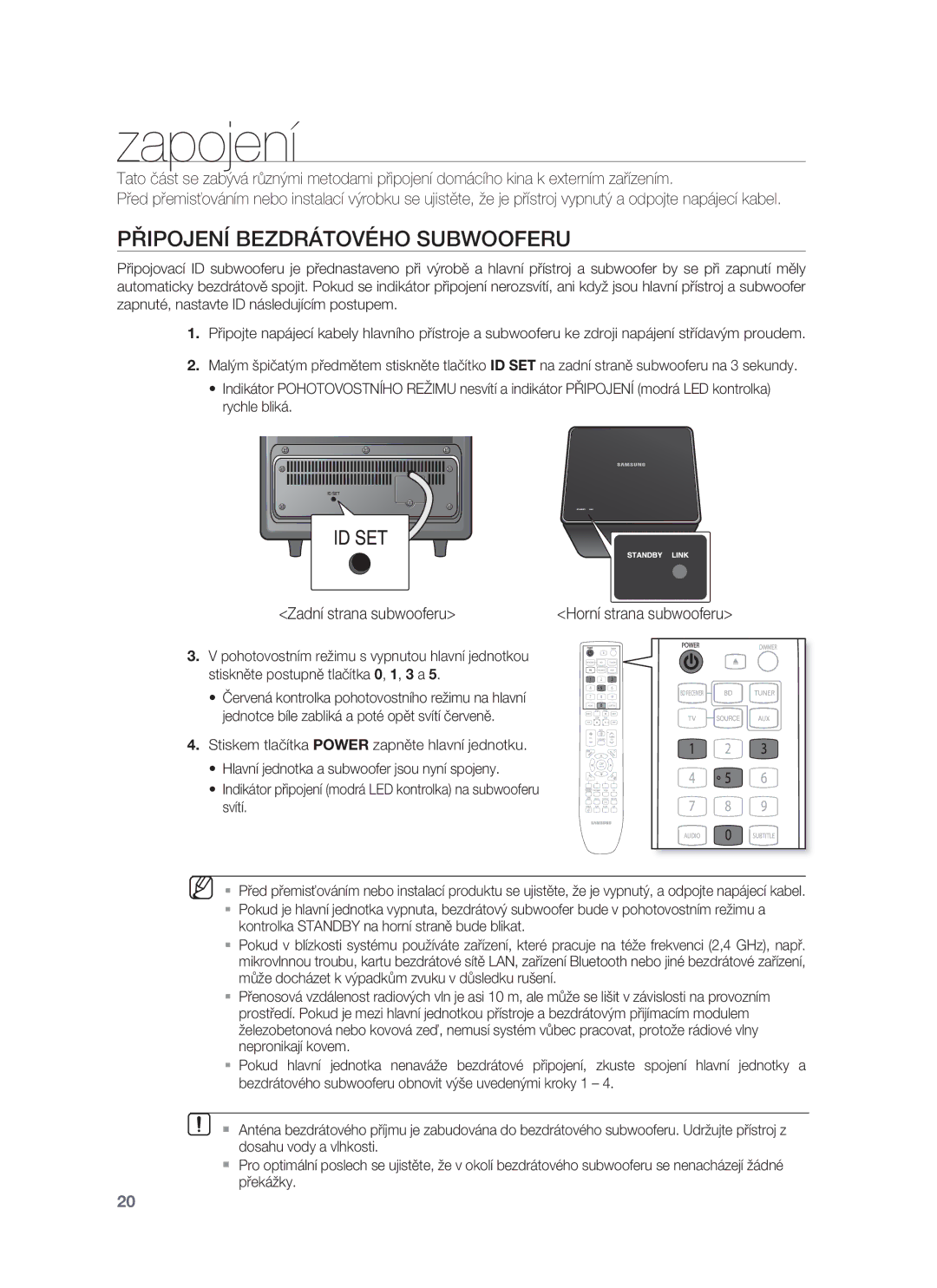 Samsung HT-BD8200T/EDC manual Zapojení, Připojení Bezdrátového Subwooferu, Zadní strana subwooferu 