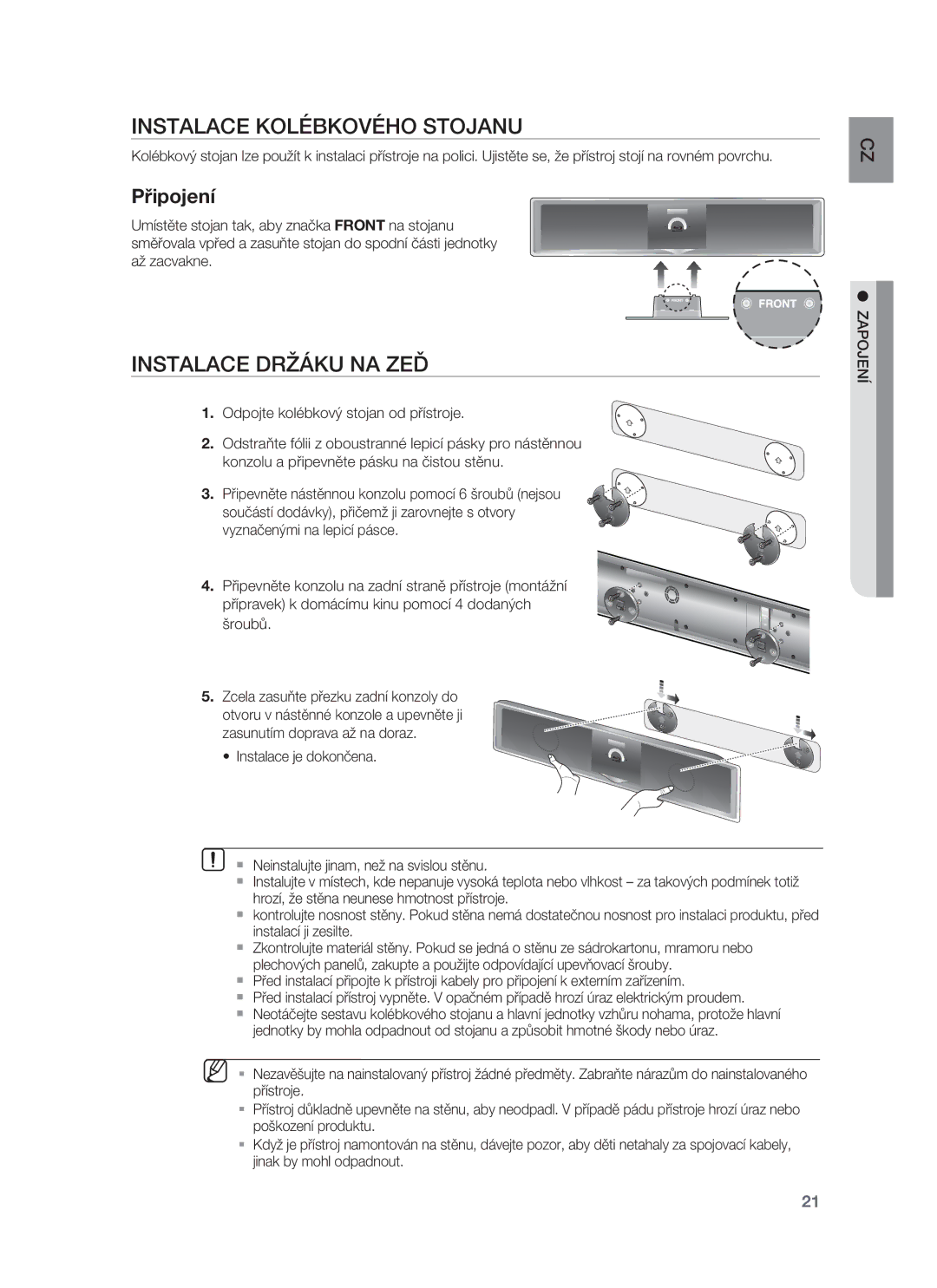 Samsung HT-BD8200T/EDC manual Instalace Kolébkového Stojanu, Instalace Držáku NA ZEĎ, Zapojení 