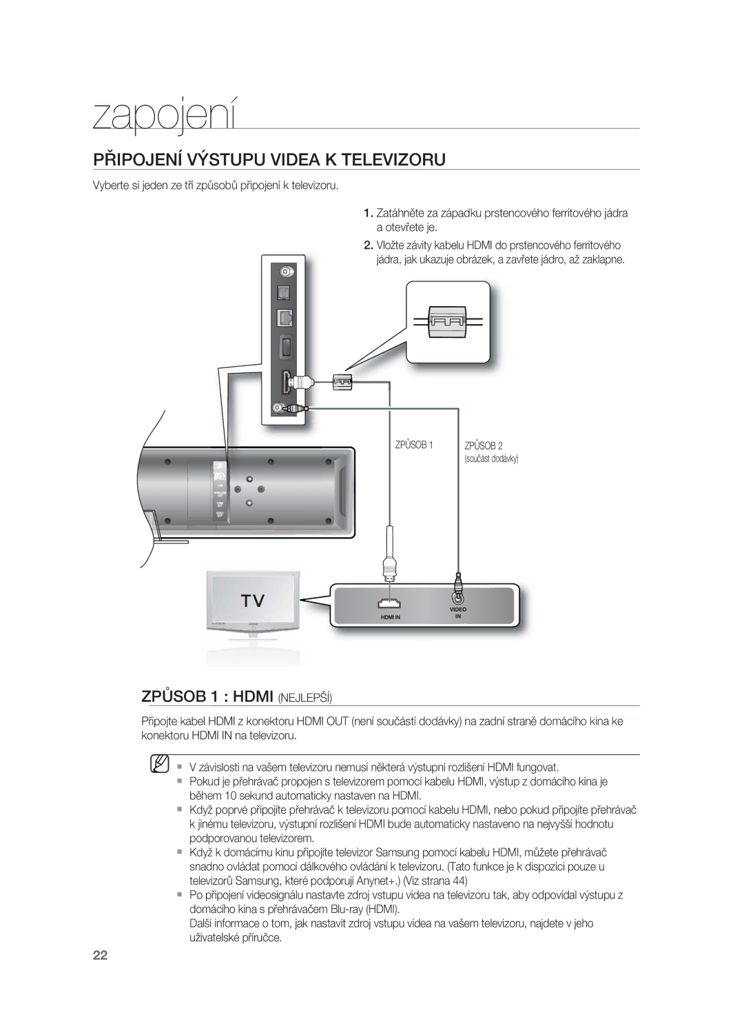 Samsung HT-BD8200T/EDC manual Připojení Výstupu Videa K Televizoru, Způsob 1 Hdmi Nejlepší 