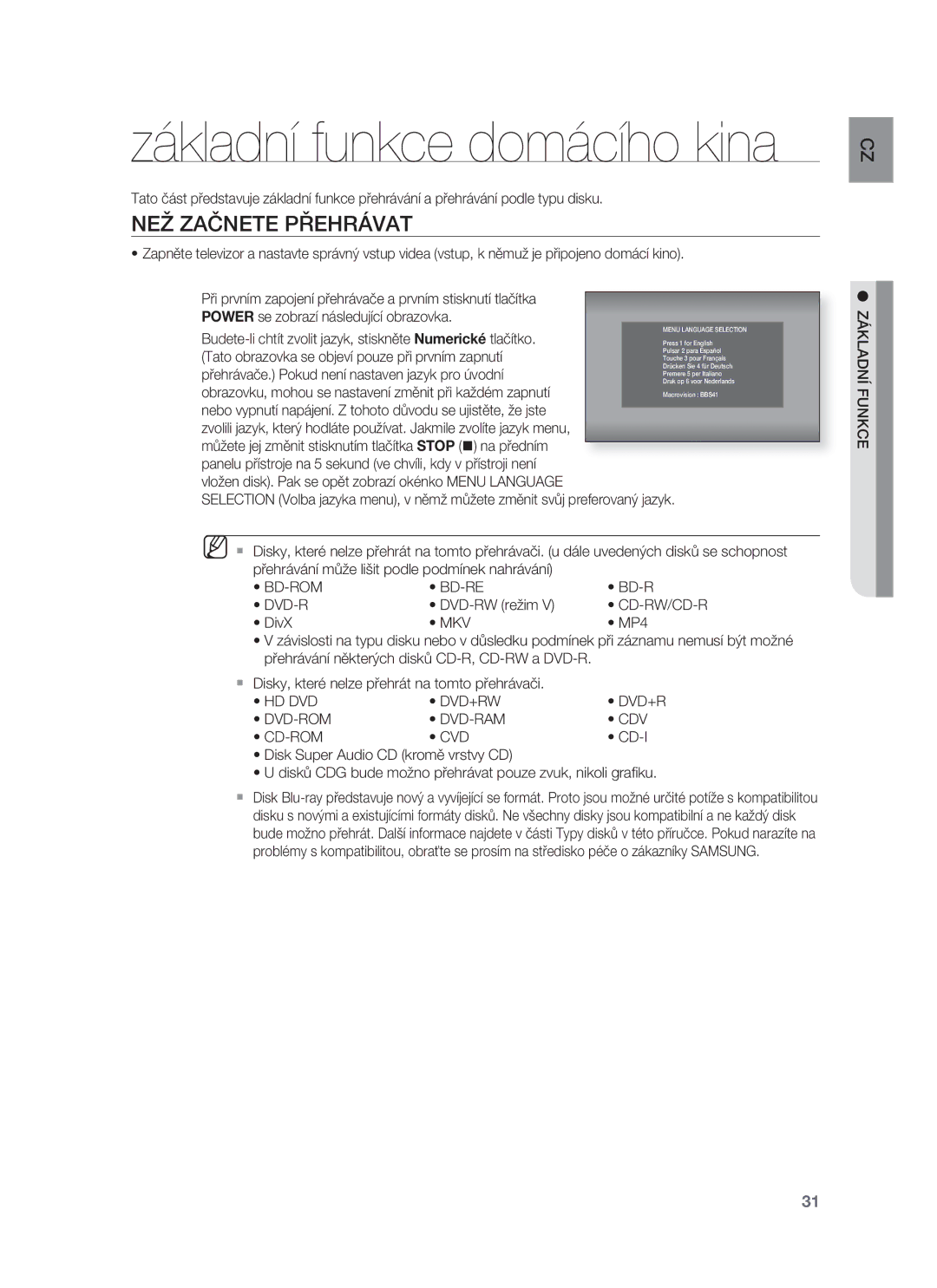 Samsung HT-BD8200T/EDC manual NEŽ Začnete Přehrávat, Mkv, Hd Dvd Dvd+Rw, Dvd-Rom Dvd-Ram Cdv Cd-Rom Cvd, Základní Funkce 