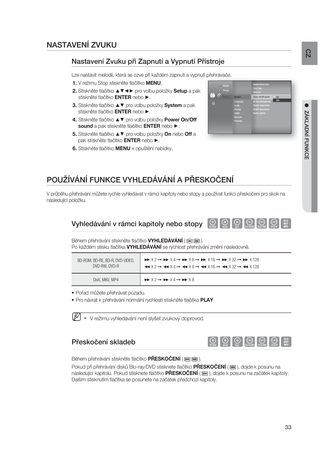 Samsung HT-BD8200T/EDC manual Nastavení Zvuku, Používání Funkce Vyhledávání a Přeskočení, Přeskočení skladeb 