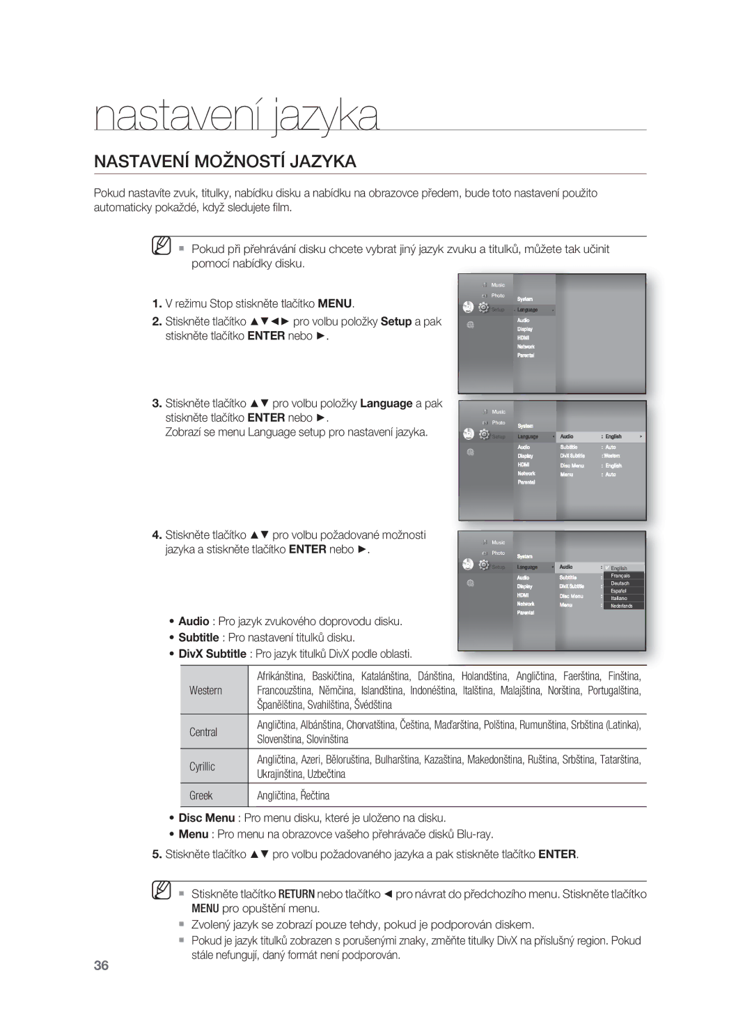 Samsung HT-BD8200T/EDC manual Nastavení jazyka, Nastavení Možností Jazyka 