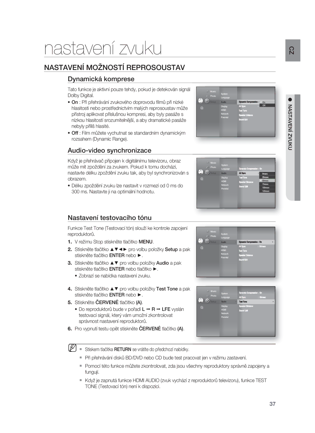 Samsung HT-BD8200T/EDC Nastavení zvuku, Nastavení Možností Reprosoustav, Dynamická komprese, Audio-video synchronizace 