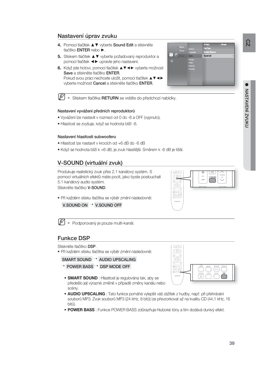 Samsung HT-BD8200T/EDC manual Sound virtuální zvuk, Funkce DSP, Sound on V.SOUND OFF 