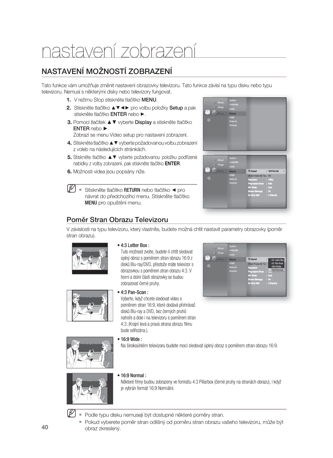 Samsung HT-BD8200T/EDC manual Nastavení zobrazení, Nastavení Možností Zobrazení, Poměr Stran Obrazu Televizoru 