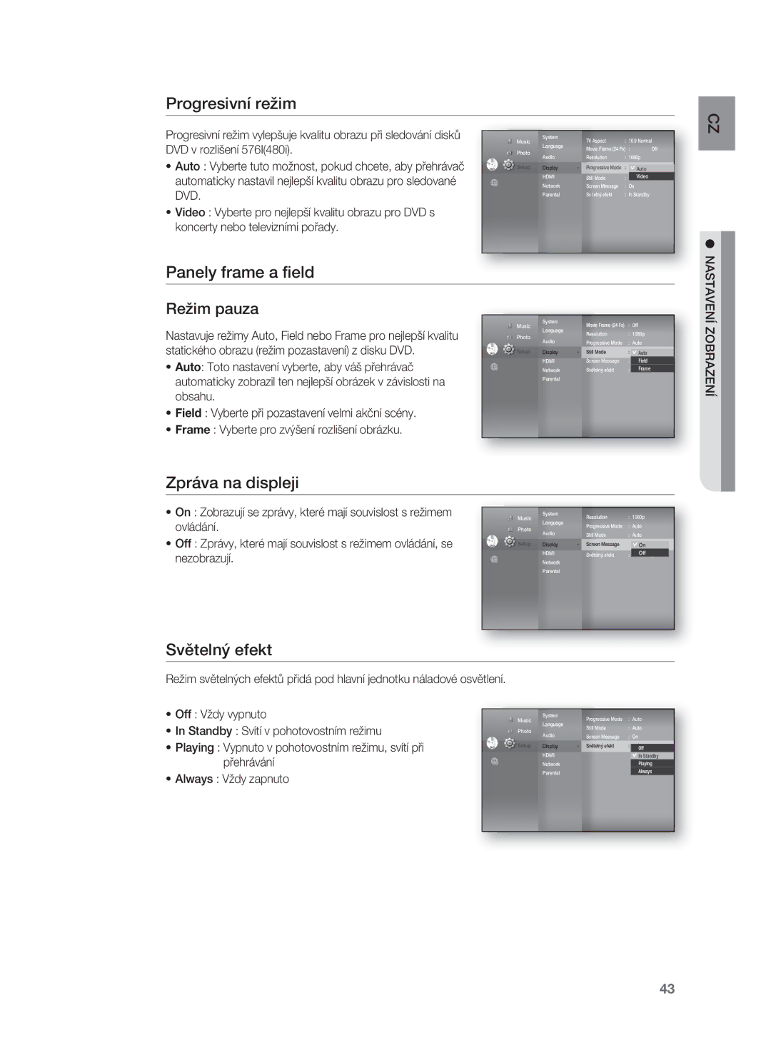 Samsung HT-BD8200T/EDC manual Progresivní režim, Panely frame a ﬁeld, Zpráva na displeji, Světelný efekt 