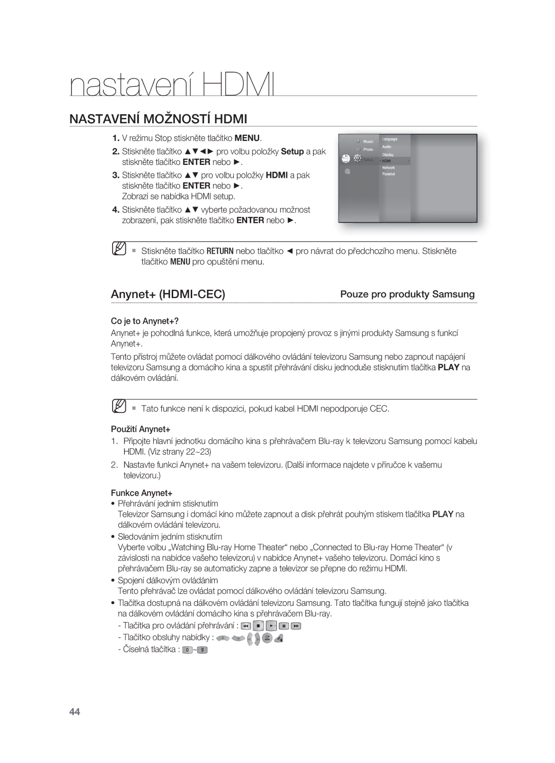 Samsung HT-BD8200T/EDC manual Nastavení Hdmi, Nastavení Možností Hdmi, Anynet+ HDMI-CEC, Pouze pro produkty Samsung 