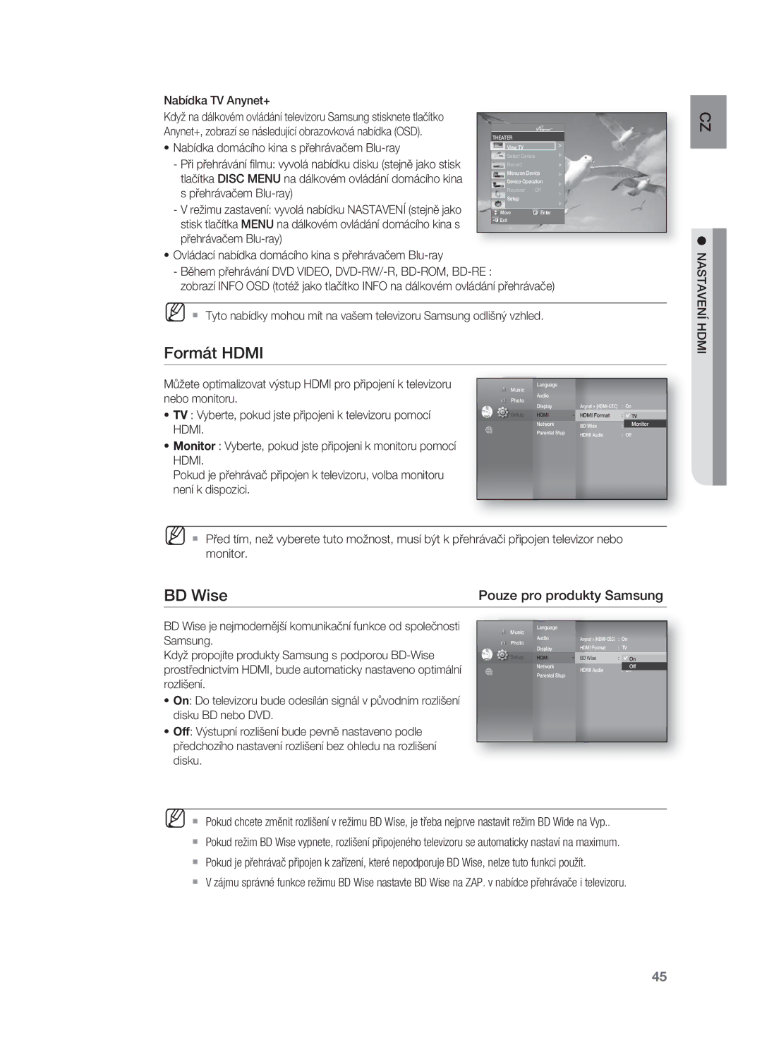 Samsung HT-BD8200T/EDC manual Formát Hdmi, BD Wise, Nastavení Hdmi 