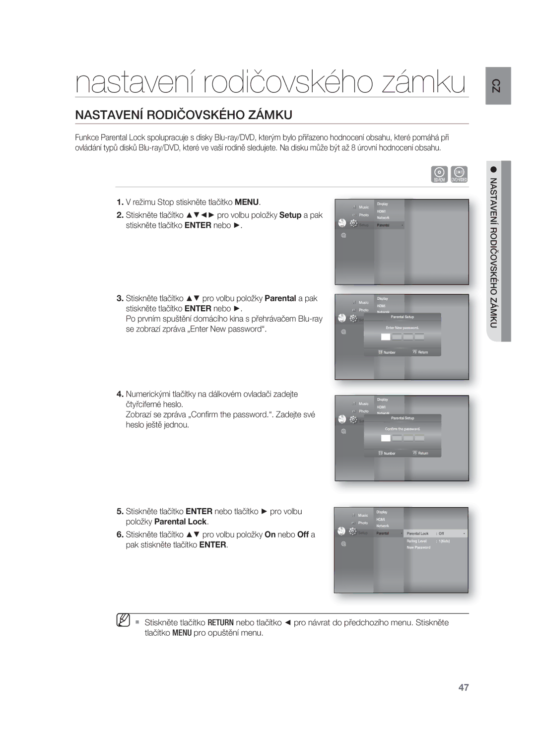 Samsung HT-BD8200T/EDC manual Nastavení Rodičovského Zámku 