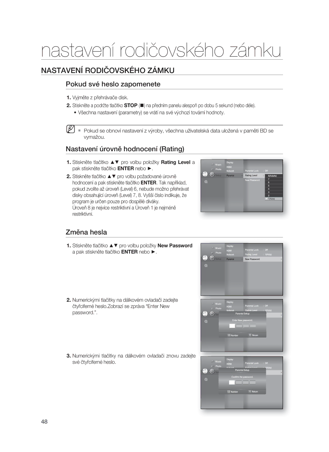 Samsung HT-BD8200T/EDC manual Nastavení rodičovského zámku, Pokud své heslo zapomenete, Nastavení úrovně hodnocení Rating 