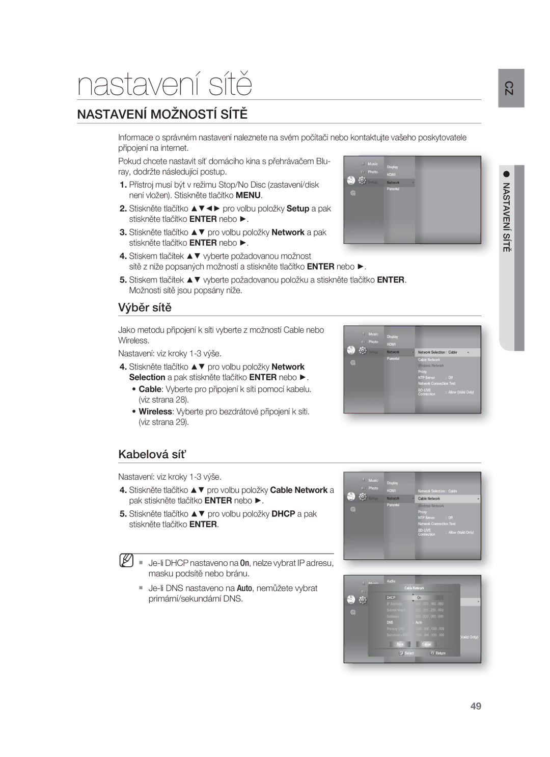 Samsung HT-BD8200T/EDC manual Nastavení sítě, Nastavení Možností Sítě, Výběr sítě, Kabelová síť, Nastavení Sítě 