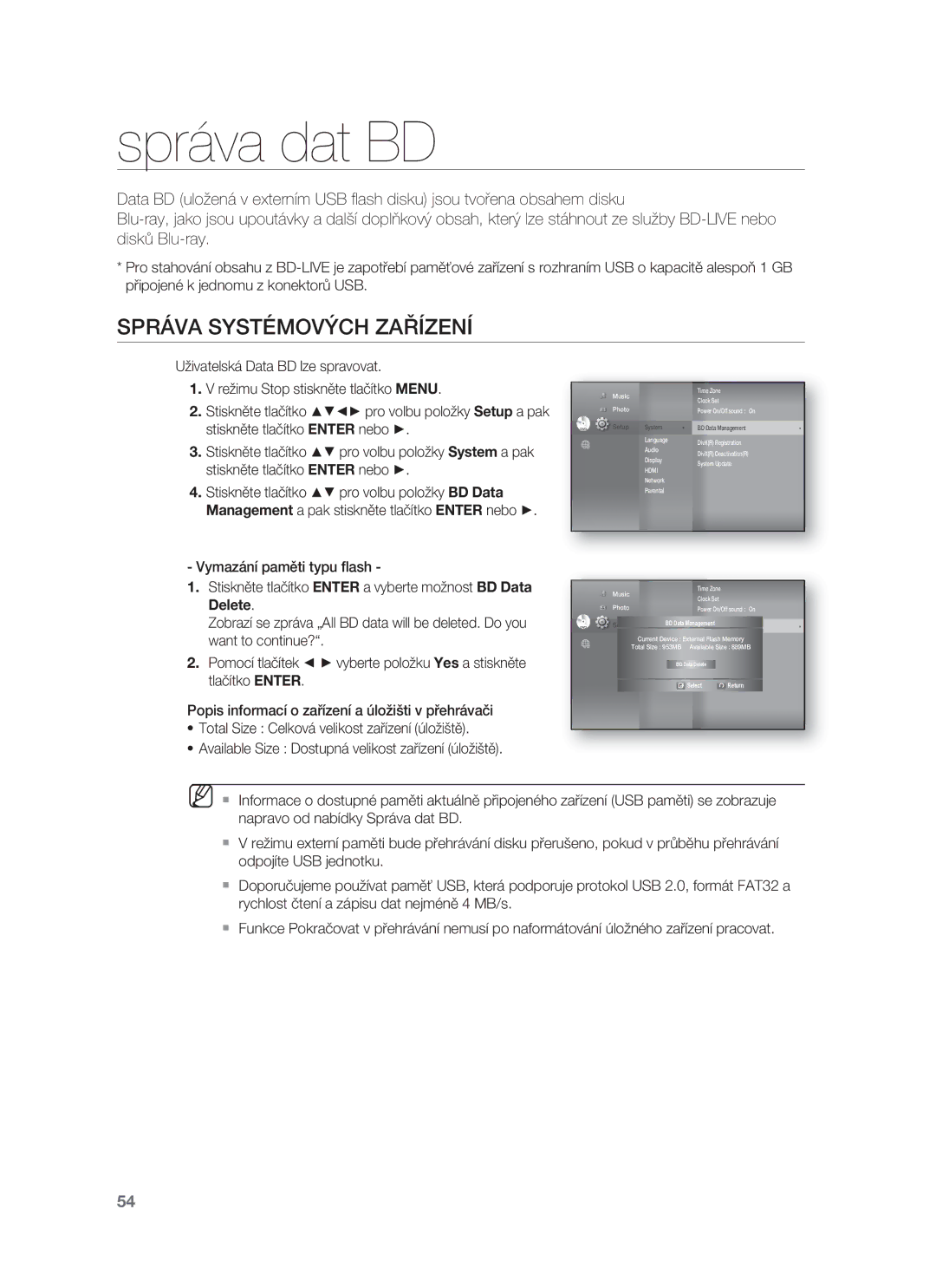 Samsung HT-BD8200T/EDC manual Správa dat BD, Správa Systémových Zařízení 