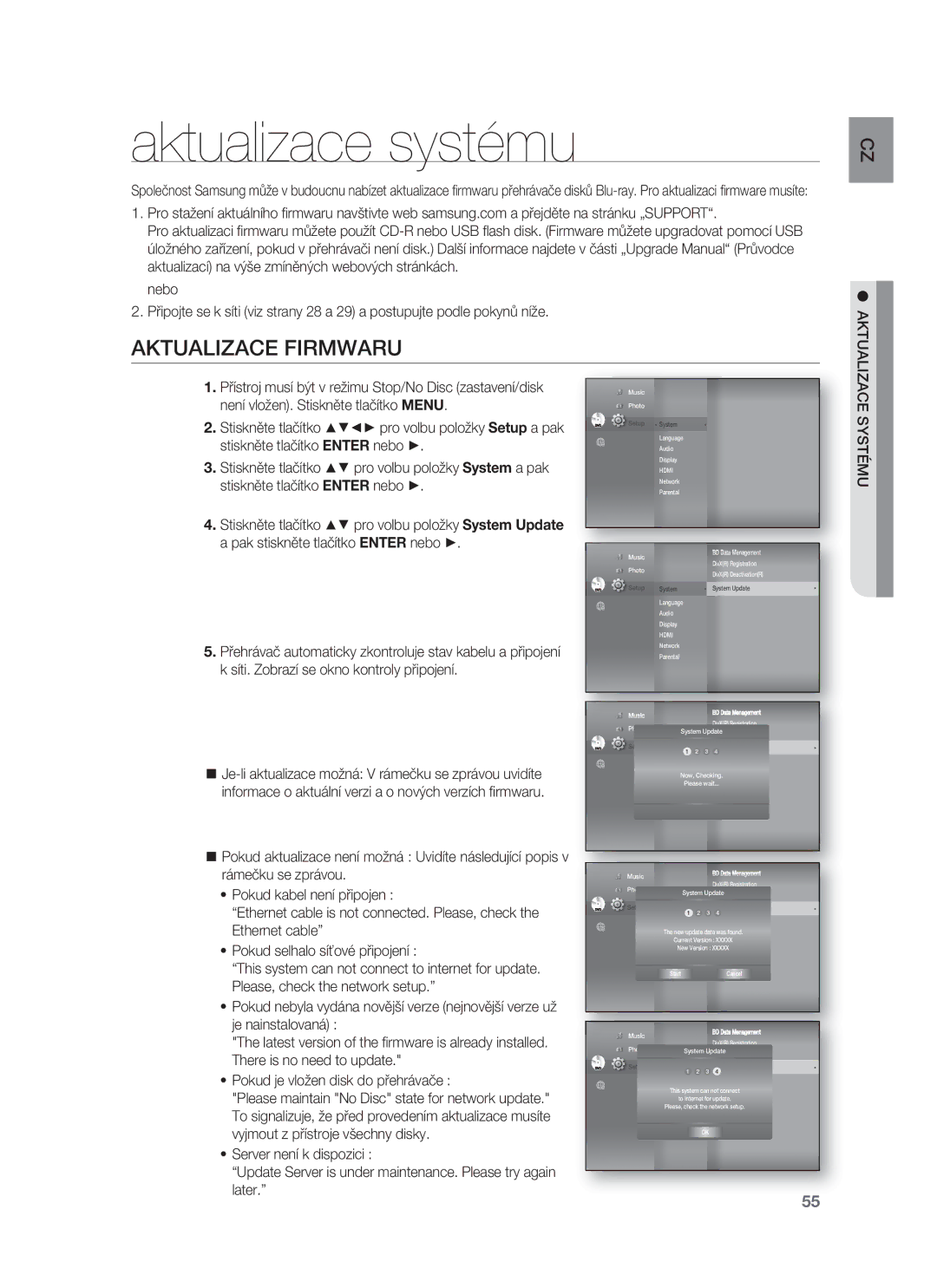 Samsung HT-BD8200T/EDC manual Aktualizace systému, Aktualizace Firmwaru, Systému 