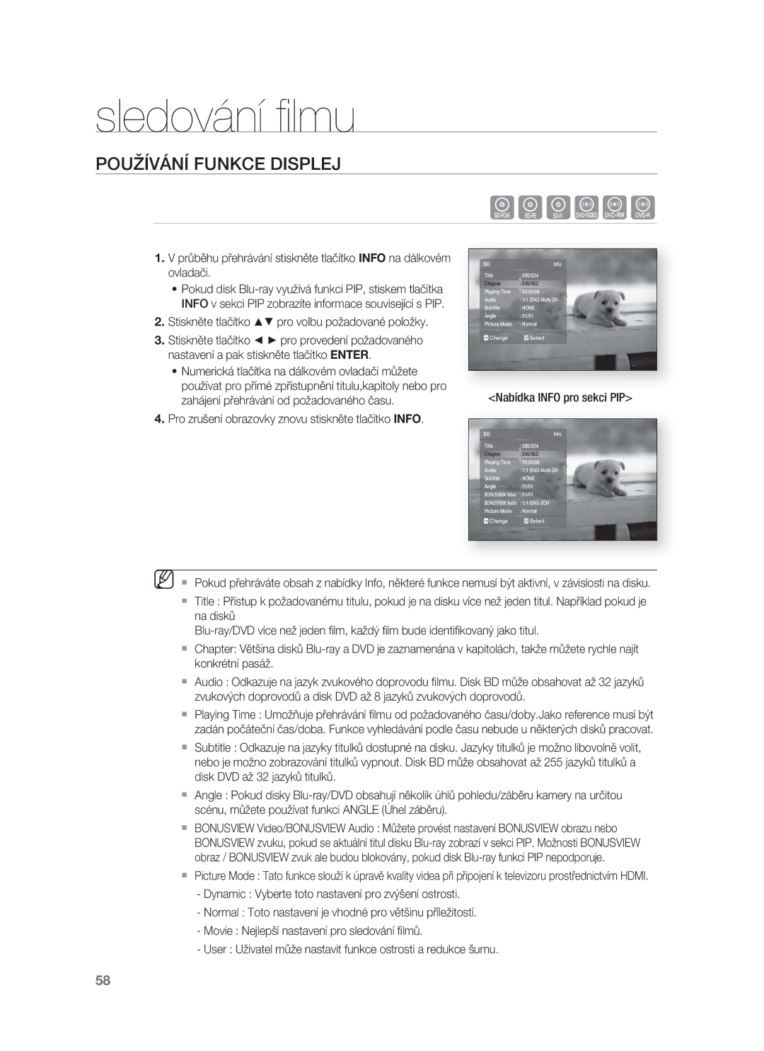 Samsung HT-BD8200T/EDC manual Sledování ﬁlmu, Používání Funkce Displej, Stiskněte tlačítko pro volbu požadované položky 