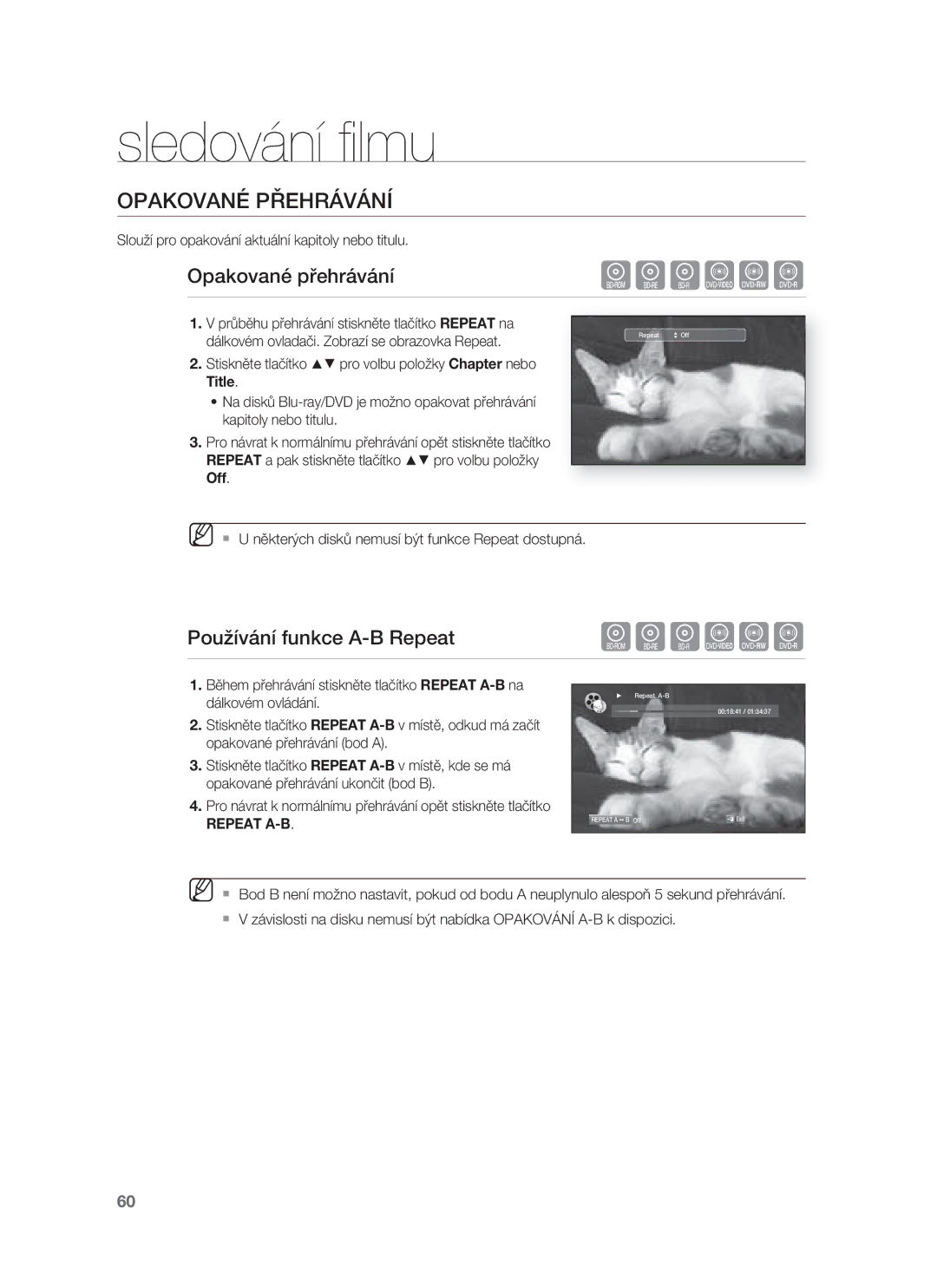 Samsung HT-BD8200T/EDC manual Opakované Přehrávání, Opakované přehrávání, Používání funkce A-B Repeat 