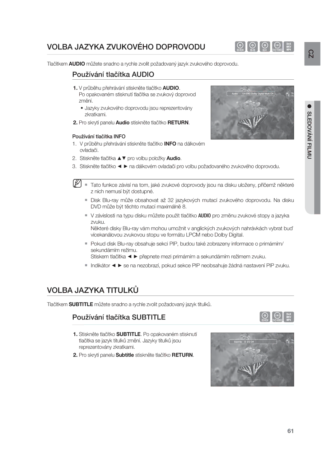 Samsung HT-BD8200T/EDC manual Volba Jazyka Titulků, Používání tlačítka Audio, Používání tlačítka Subtitle 