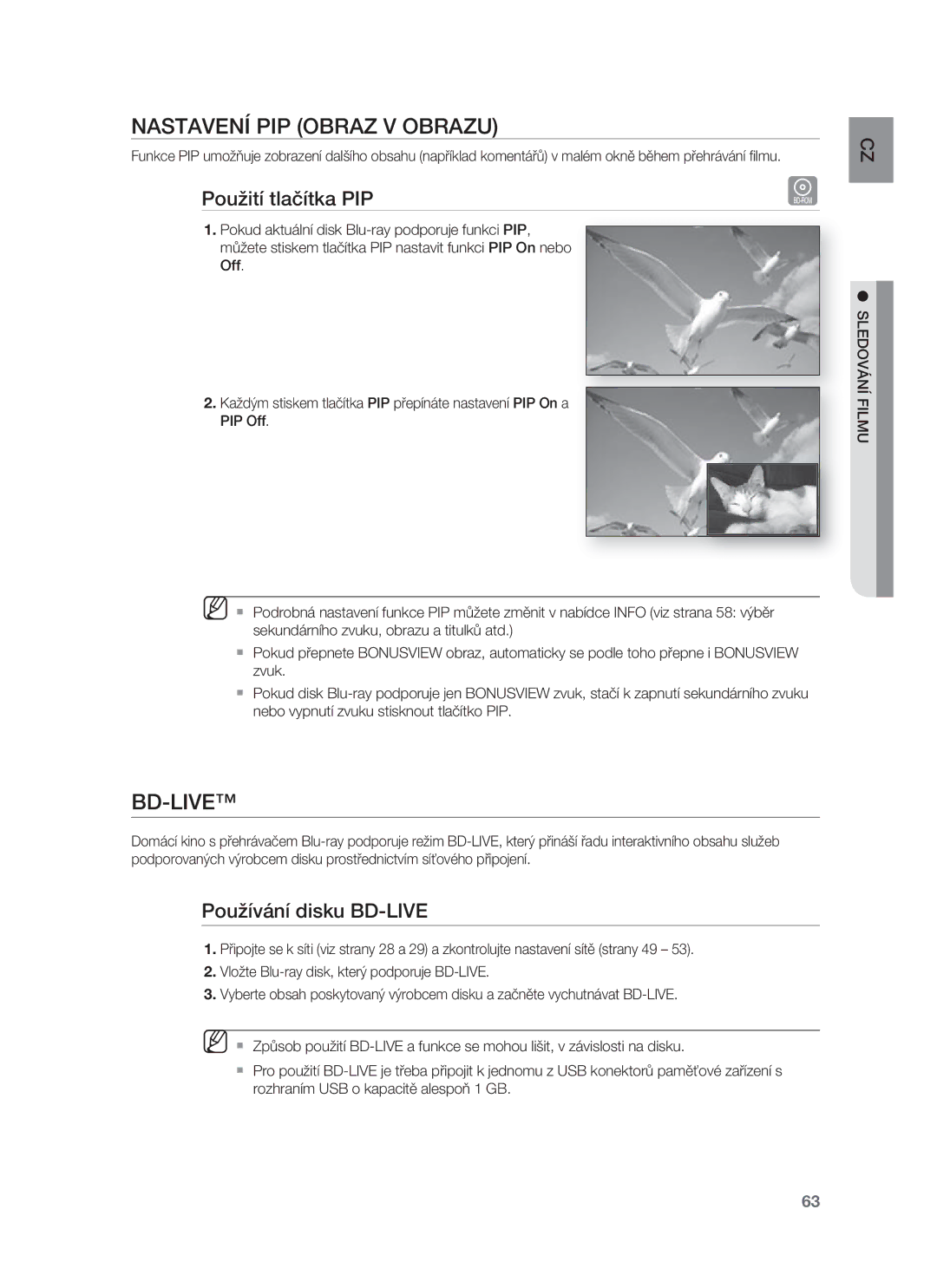 Samsung HT-BD8200T/EDC manual Nastavení PIP Obraz V Obrazu, Bd-Live, Použití tlačítka PIP, Používání disku BD-LIVE 