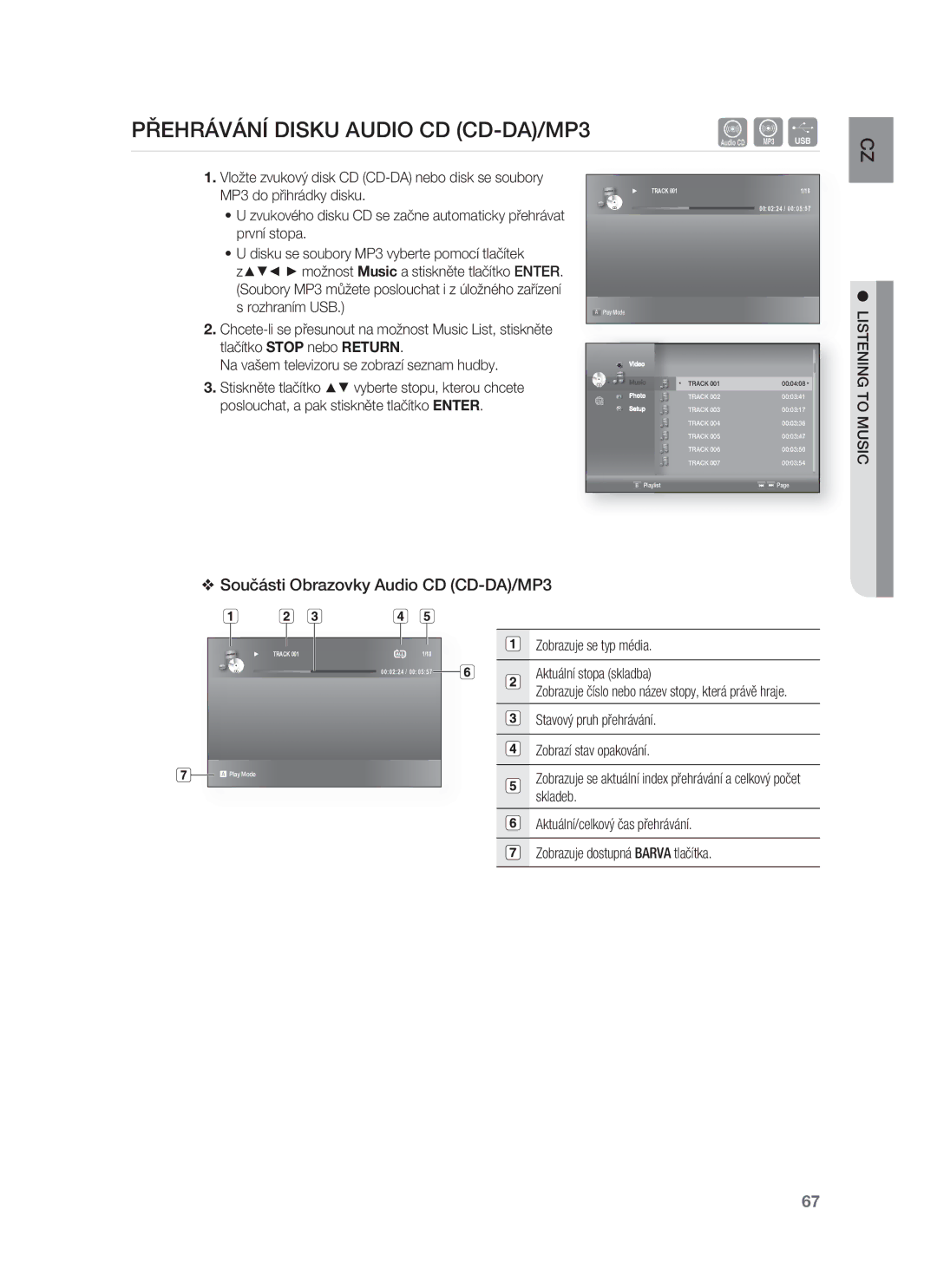 Samsung HT-BD8200T/EDC manual Přehrávání Disku Audio CD CD-DA/MP3, Součásti Obrazovky Audio CD CD-DA/MP3 