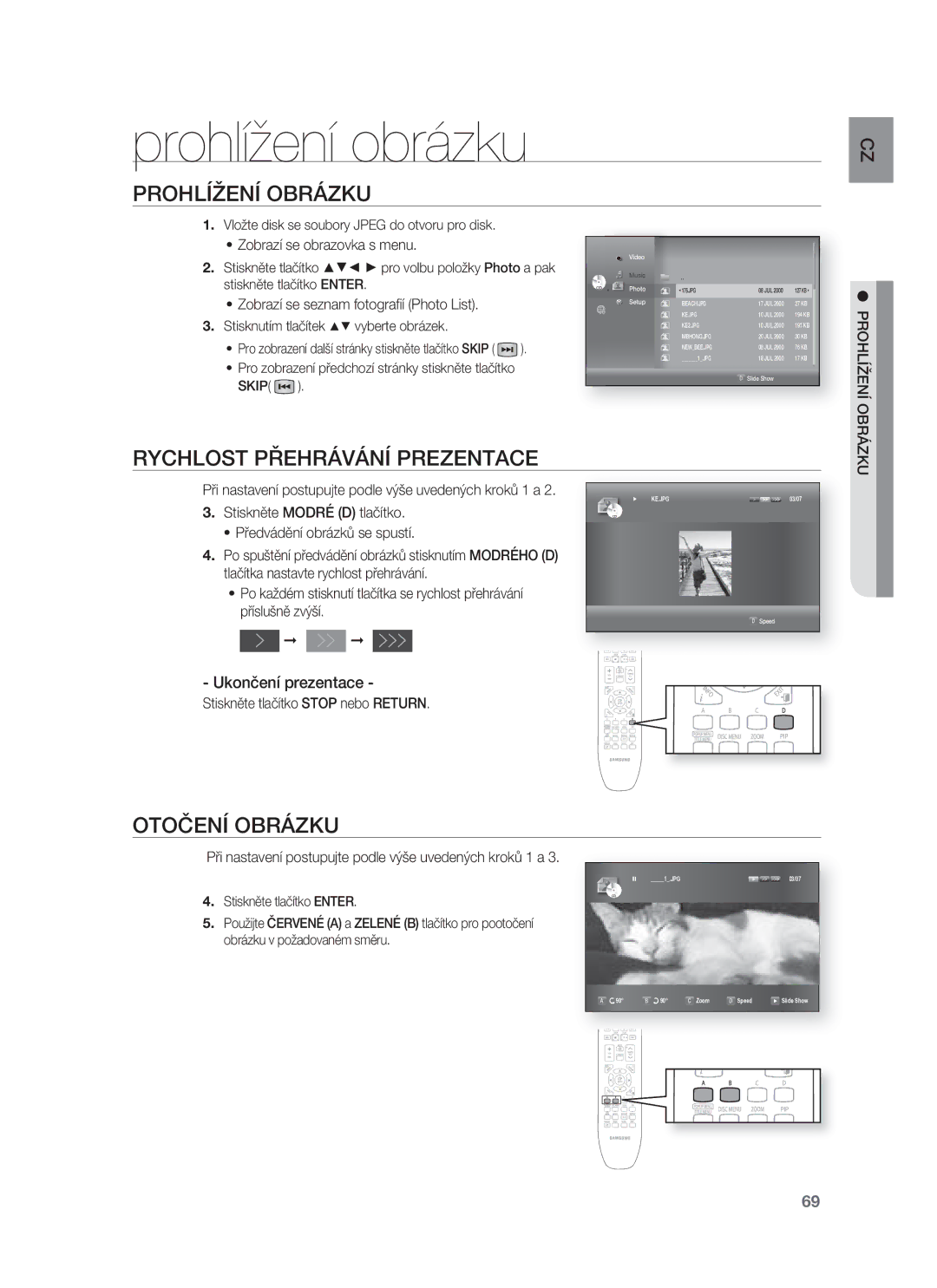 Samsung HT-BD8200T/EDC manual Prohlížení obrázku, Prohlížení Obrázku, Rychlost Přehrávání Prezentace, Otočení Obrázku 