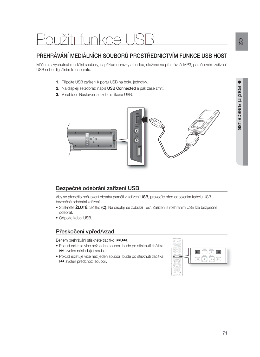 Samsung HT-BD8200T/EDC manual Použití funkce USB, Bezpečné odebrání zařízení USB, Přeskočení vpřed/vzad, Použití Funkce USB 