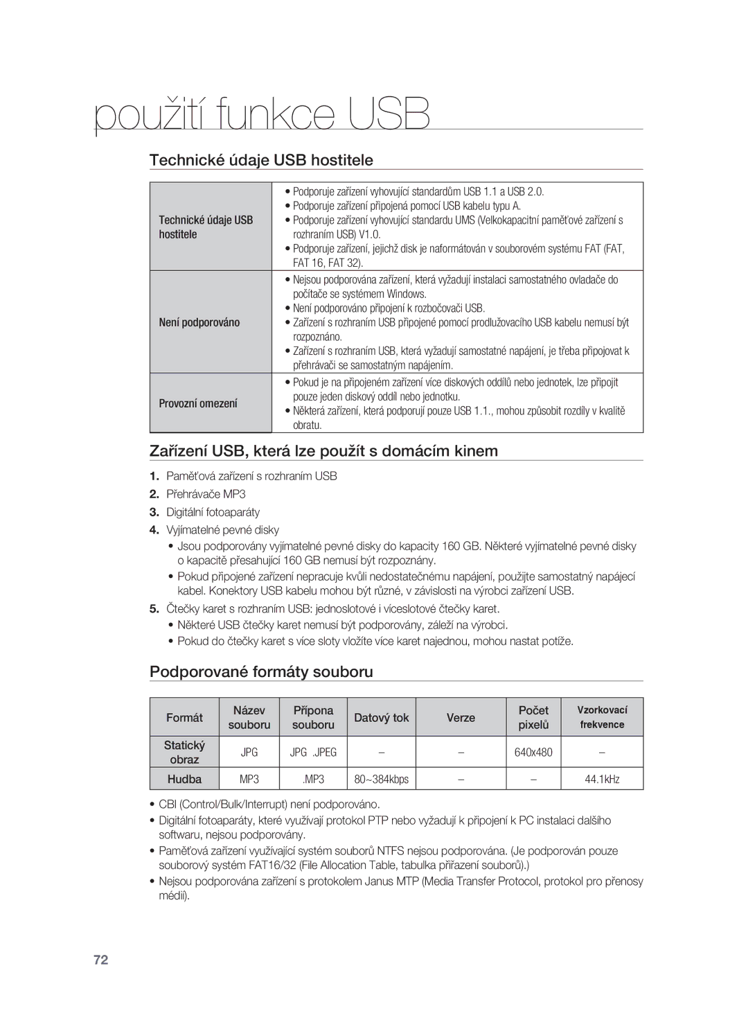 Samsung HT-BD8200T/EDC manual Technické údaje USB hostitele, Zařízení USB, která lze použít s domácím kinem 