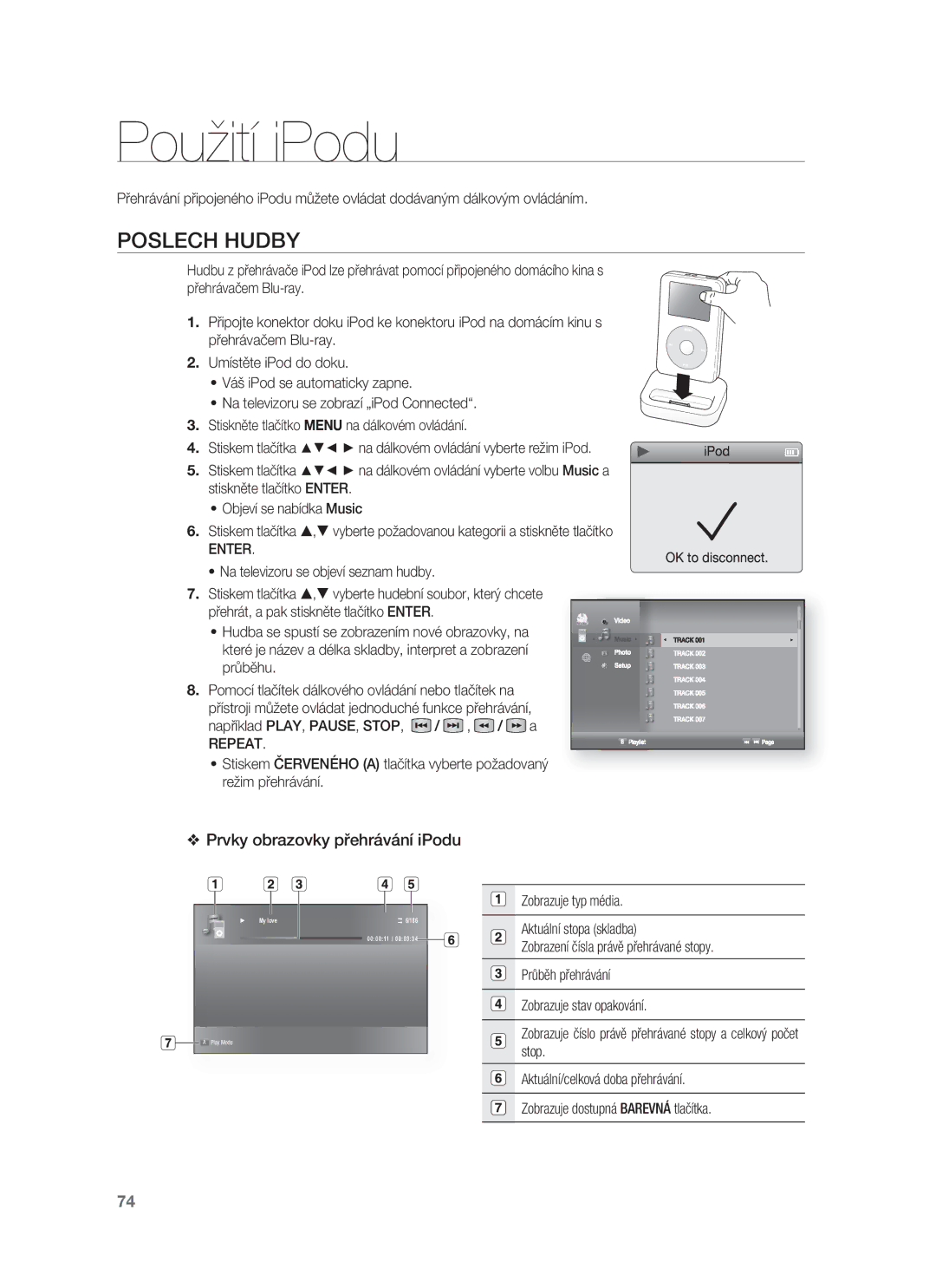 Samsung HT-BD8200T/EDC manual Použití iPodu, Poslech Hudby, Prvky obrazovky přehrávání iPodu, Enter, Repeat 