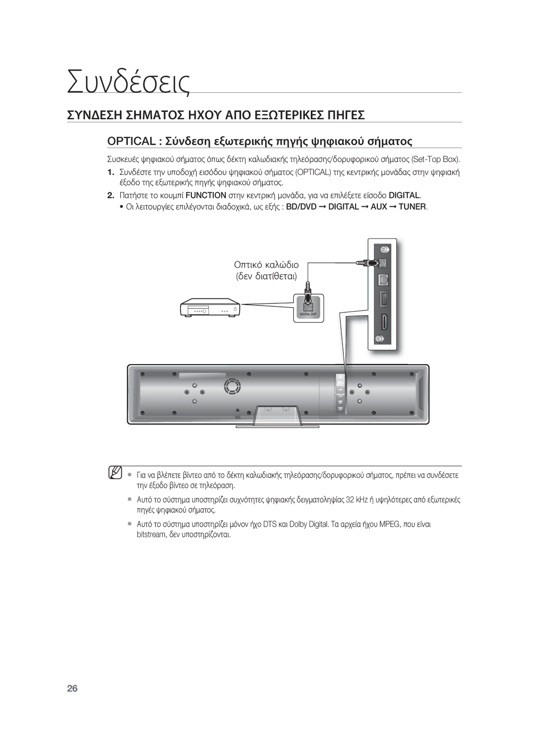 Samsung HT-BD8200T/EDC manual Συνδεση Σηματοσ Ηχου ΑΠΟ Εξωτερικεσ Πηγεσ, Optical Σύνδεση εξωτερικής πηγής ψηφιακού σήματος 