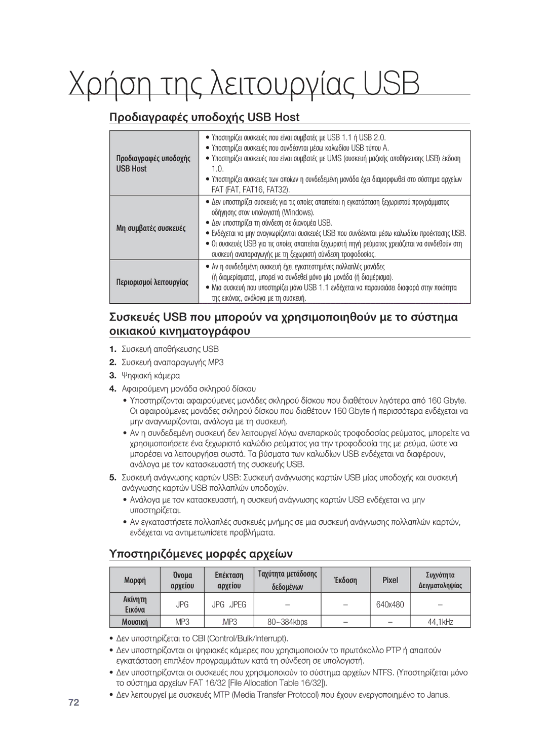 Samsung HT-BD8200T/EDC manual Προδιαγραφές υποδοχής USB Host, Υποστηριζόμενες μορφές αρχείων, Jpg 