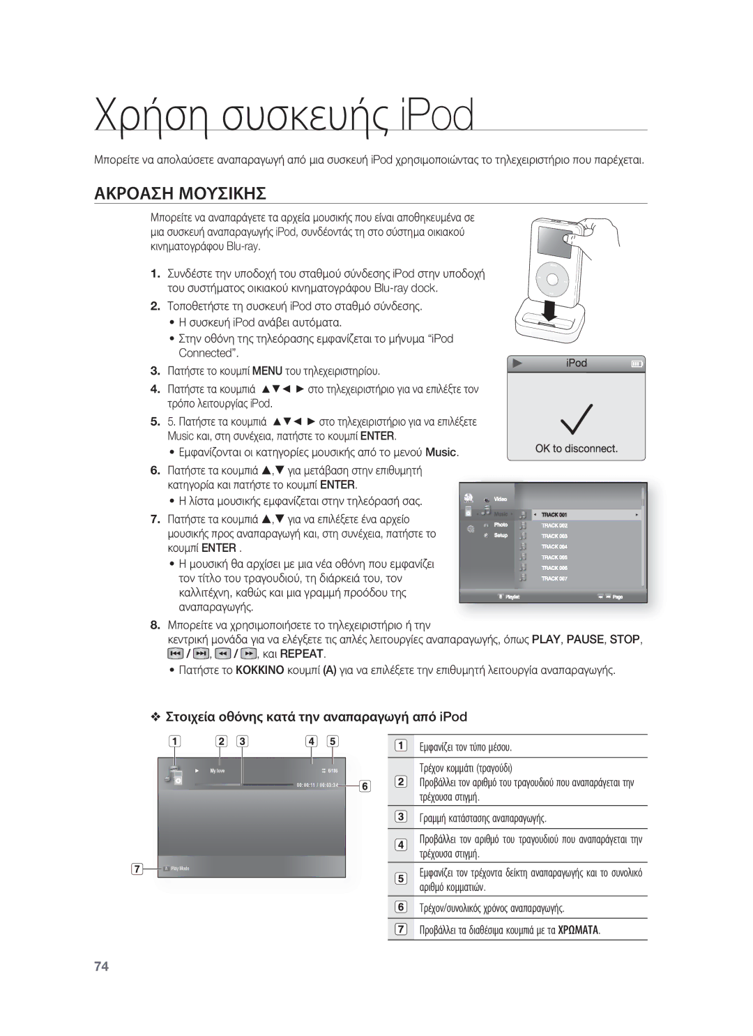 Samsung HT-BD8200T/EDC manual Χρήση συσκευής iPod, Ακροαση Μουσικησ, Στοιχεία οθόνης κατά την αναπαραγωγή από iPod 