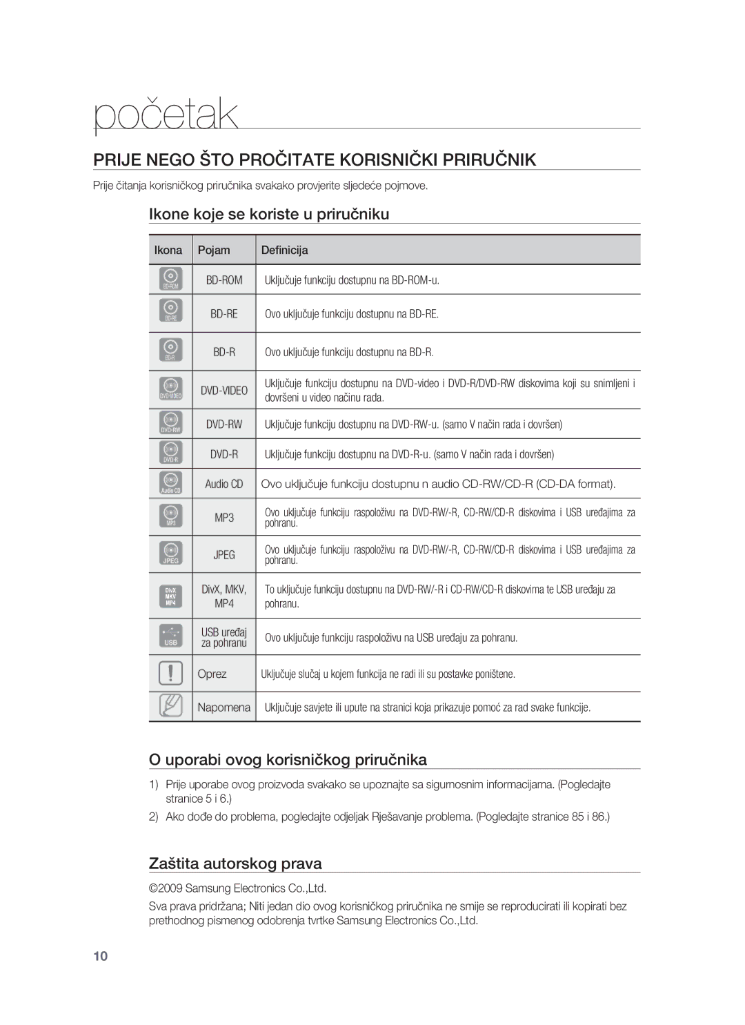 Samsung HT-BD8200T/EDC manual Početak, Prije Nego ŠTO Pročitate Korisnički Priručnik, Ikone koje se koriste u priručniku 