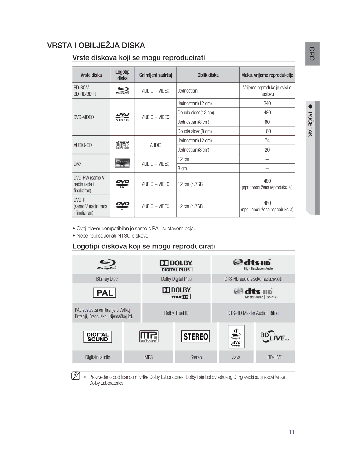 Samsung HT-BD8200T/EDC manual Vrsta I Obilježja Diska, Vrste diskova koji se mogu reproducirati 