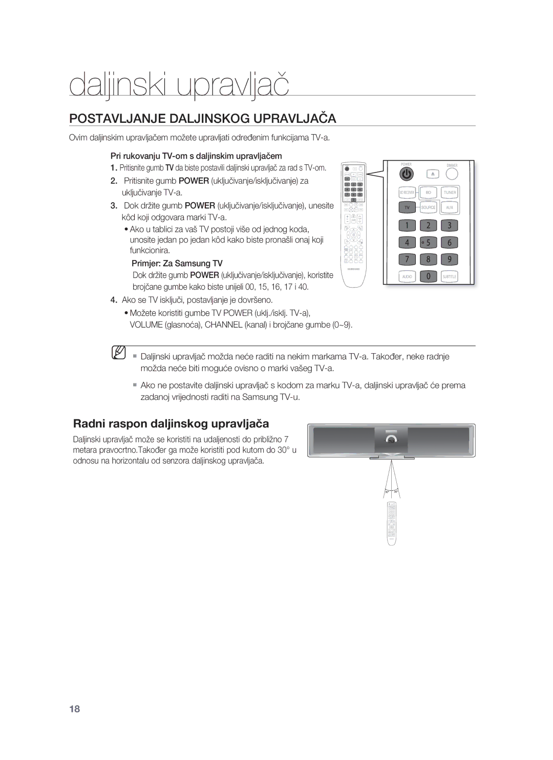 Samsung HT-BD8200T/EDC manual Postavljanje Daljinskog Upravljača, Radni raspon daljinskog upravljača 