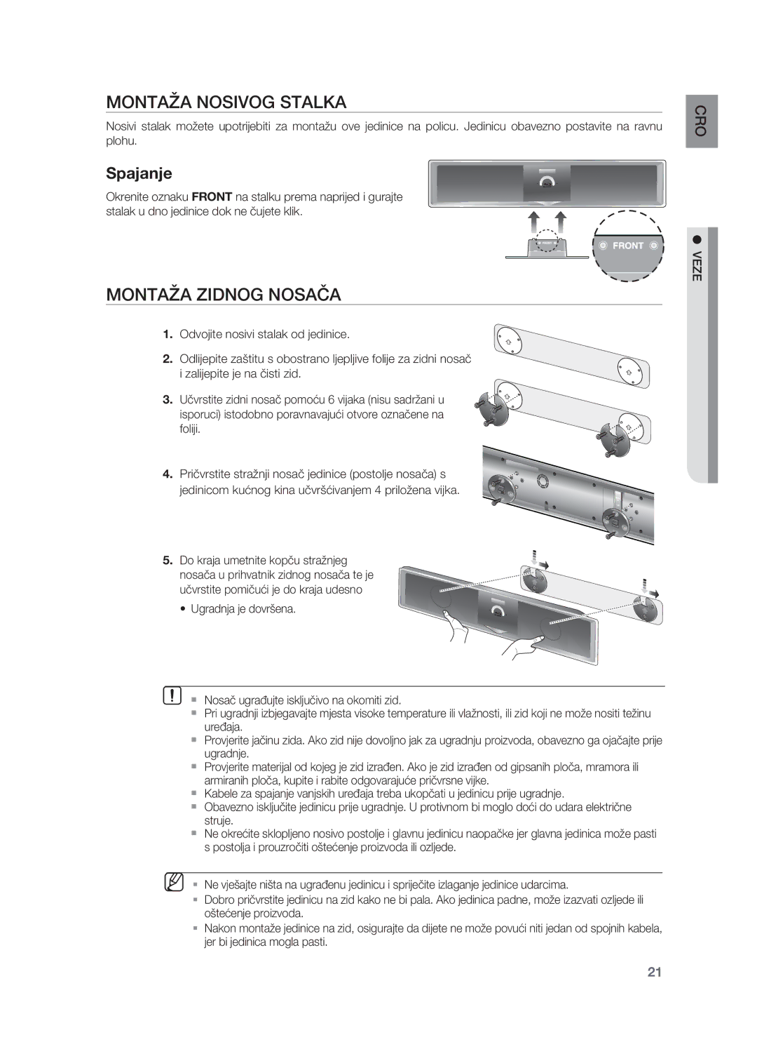 Samsung HT-BD8200T/EDC manual Montaža Nosivog Stalka, Montaža Zidnog Nosača, Veze 