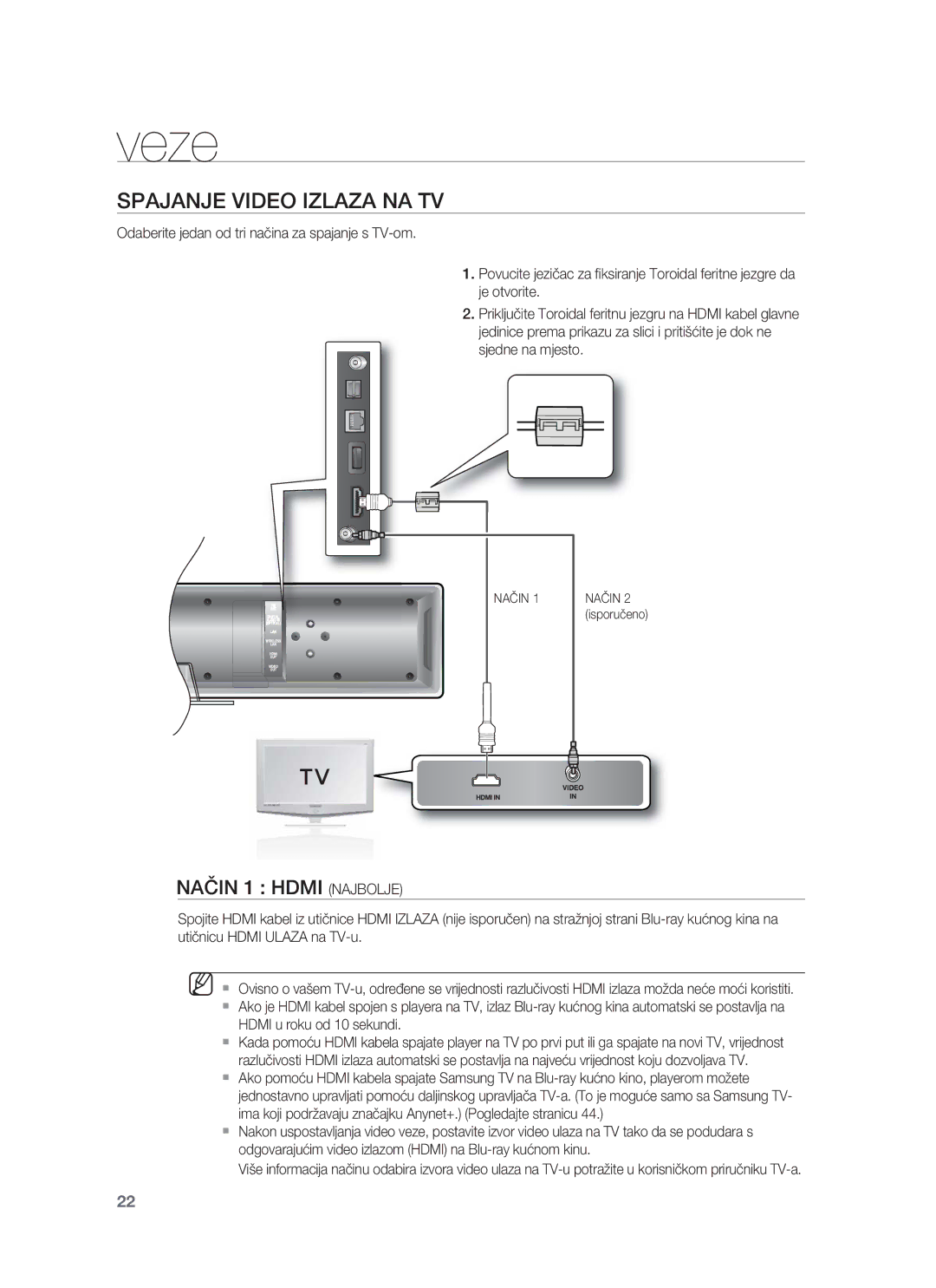 Samsung HT-BD8200T/EDC manual Spajanje Video Izlaza NA TV, Način 1 Hdmi Najbolje 