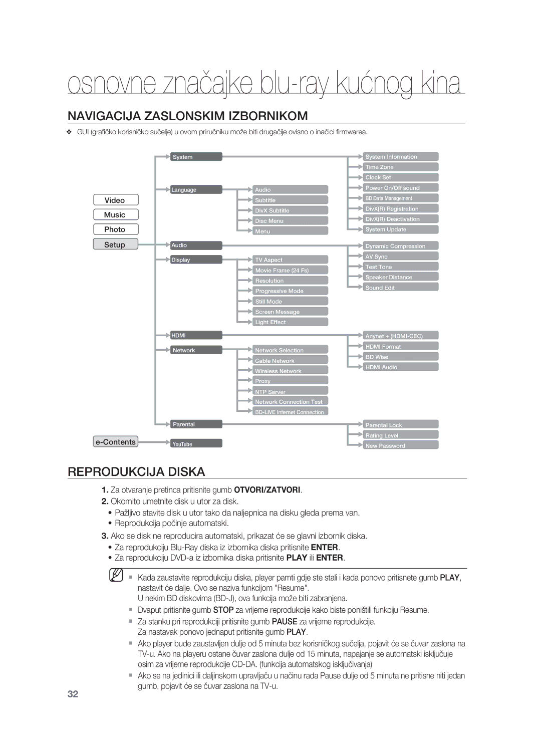 Samsung HT-BD8200T/EDC manual Navigacija Zaslonskim Izbornikom, Reprodukcija Diska 