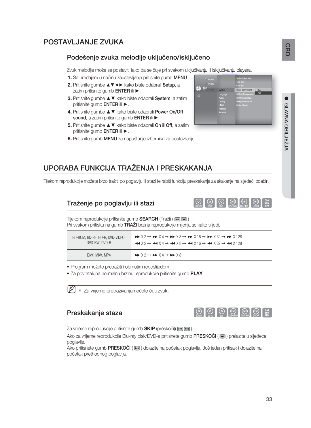 Samsung HT-BD8200T/EDC manual Postavljanje Zvuka, Uporaba Funkcija Traženja I Preskakanja, Traženje po poglavlju ili stazi 