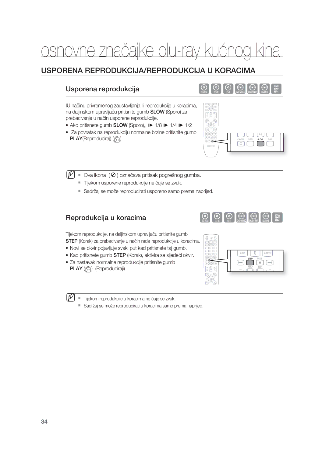 Samsung HT-BD8200T/EDC manual Usporena REPRODUKCIJA/REPRODUKCIJA U Koracima, Usporena reprodukcija, Reprodukcija u koracima 