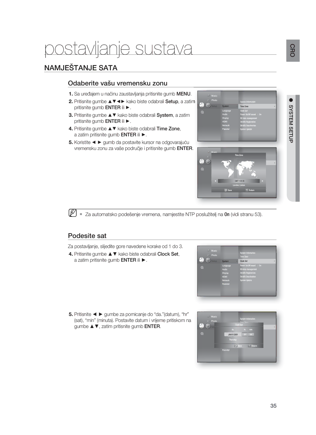 Samsung HT-BD8200T/EDC manual Postavljanje sustava, Namještanje Sata, Odaberite vašu vremensku zonu, Podesite sat 