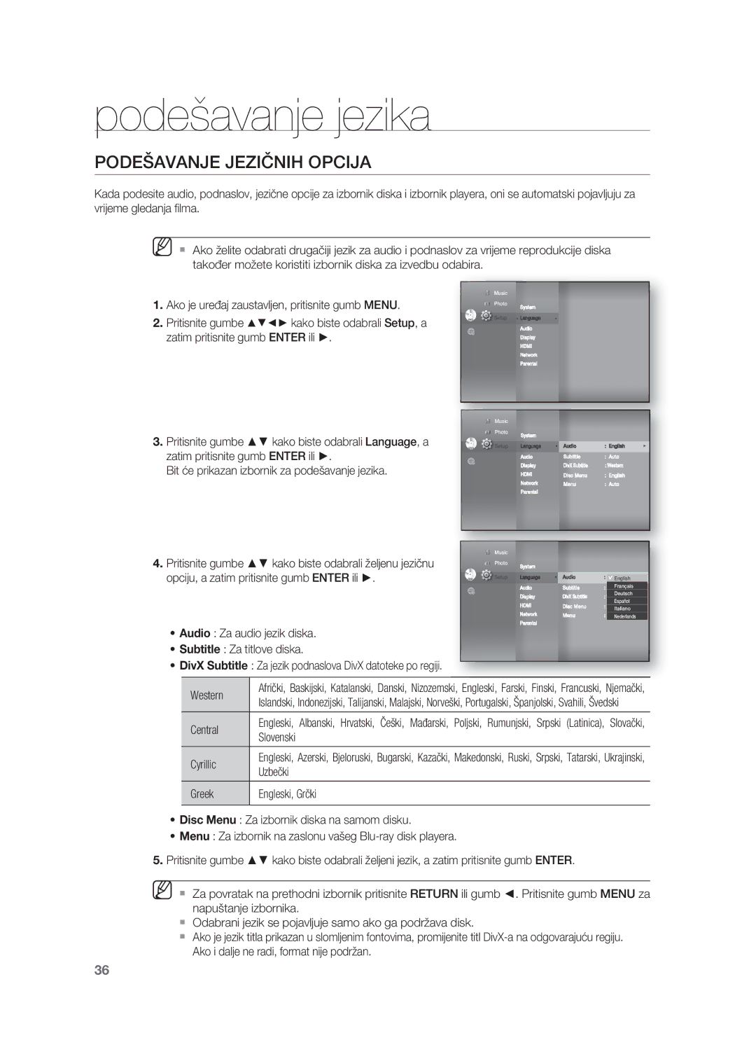 Samsung HT-BD8200T/EDC manual Podešavanje jezika, Podešavanje Jezičnih Opcija, Western 