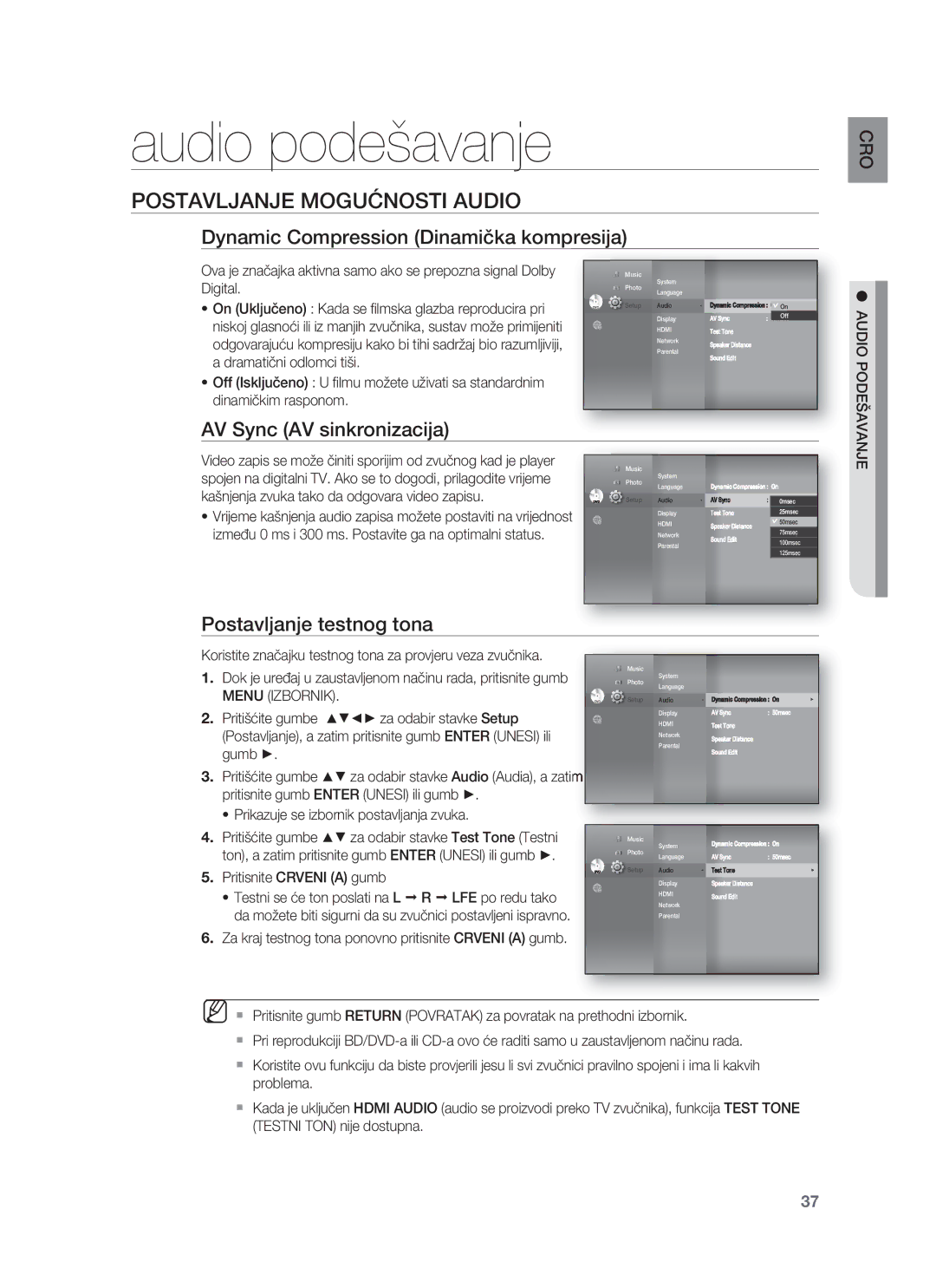 Samsung HT-BD8200T/EDC manual Audio podešavanje, Postavljanje Mogućnosti Audio, Dynamic Compression Dinamička kompresija 