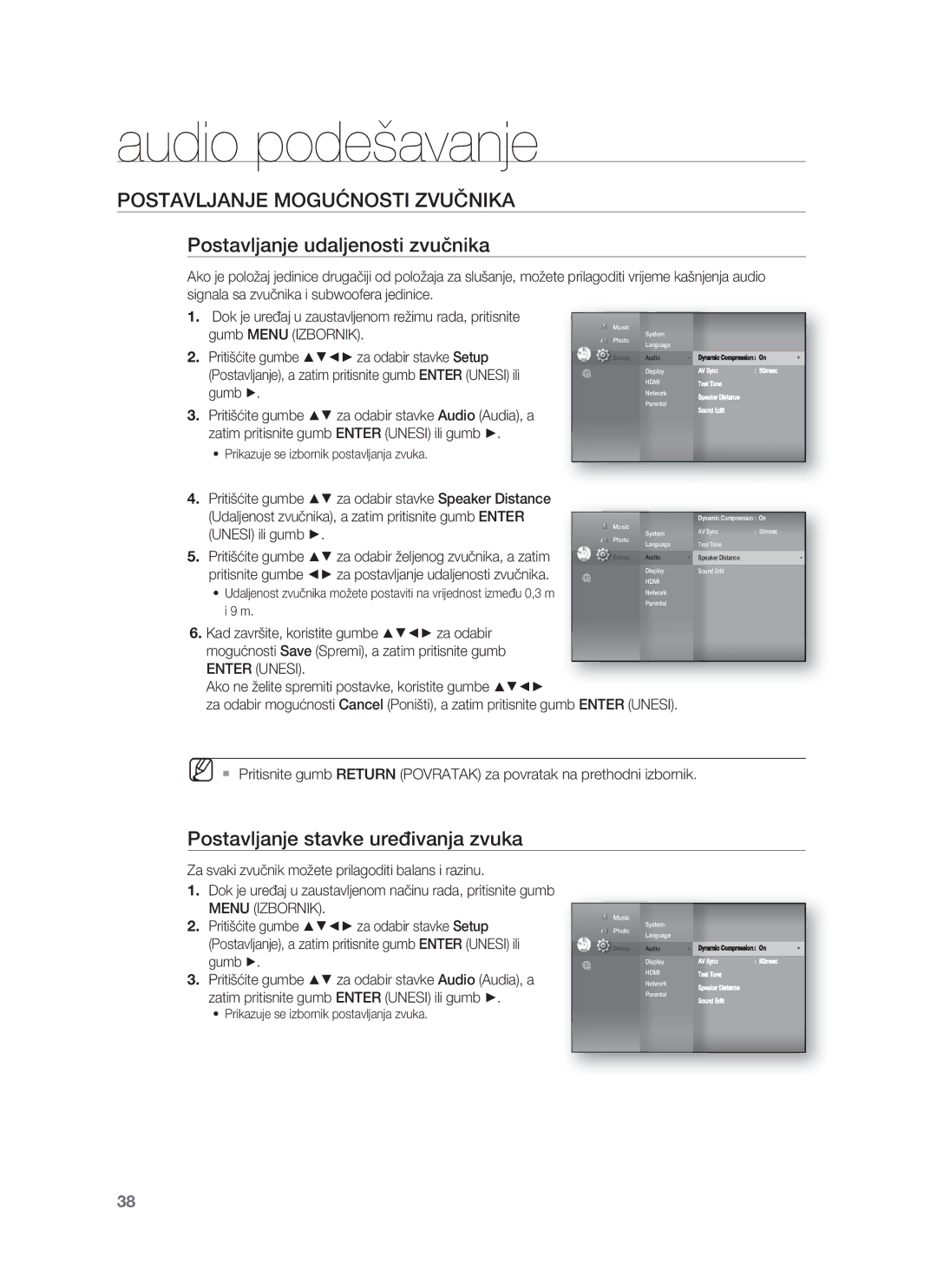 Samsung HT-BD8200T/EDC manual Postavljanje udaljenosti zvučnika, Postavljanje stavke uređivanja zvuka 