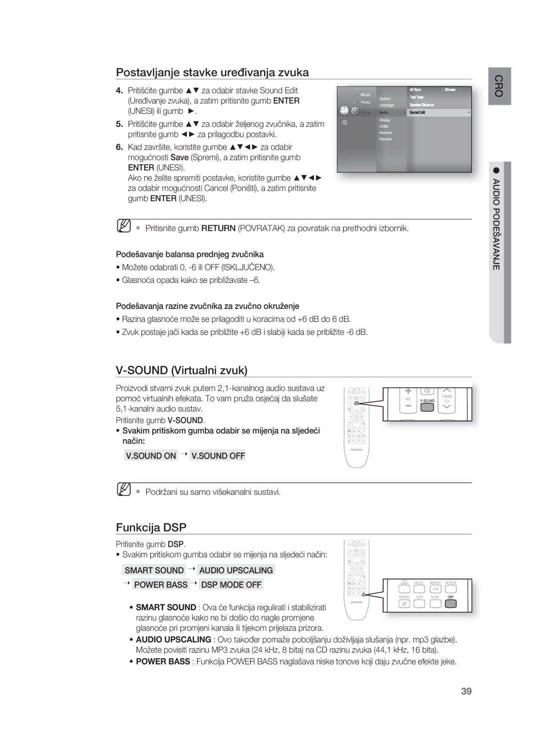 Samsung HT-BD8200T/EDC manual Sound Virtualni zvuk, Funkcija DSP, Sound on V.SOUND OFF 