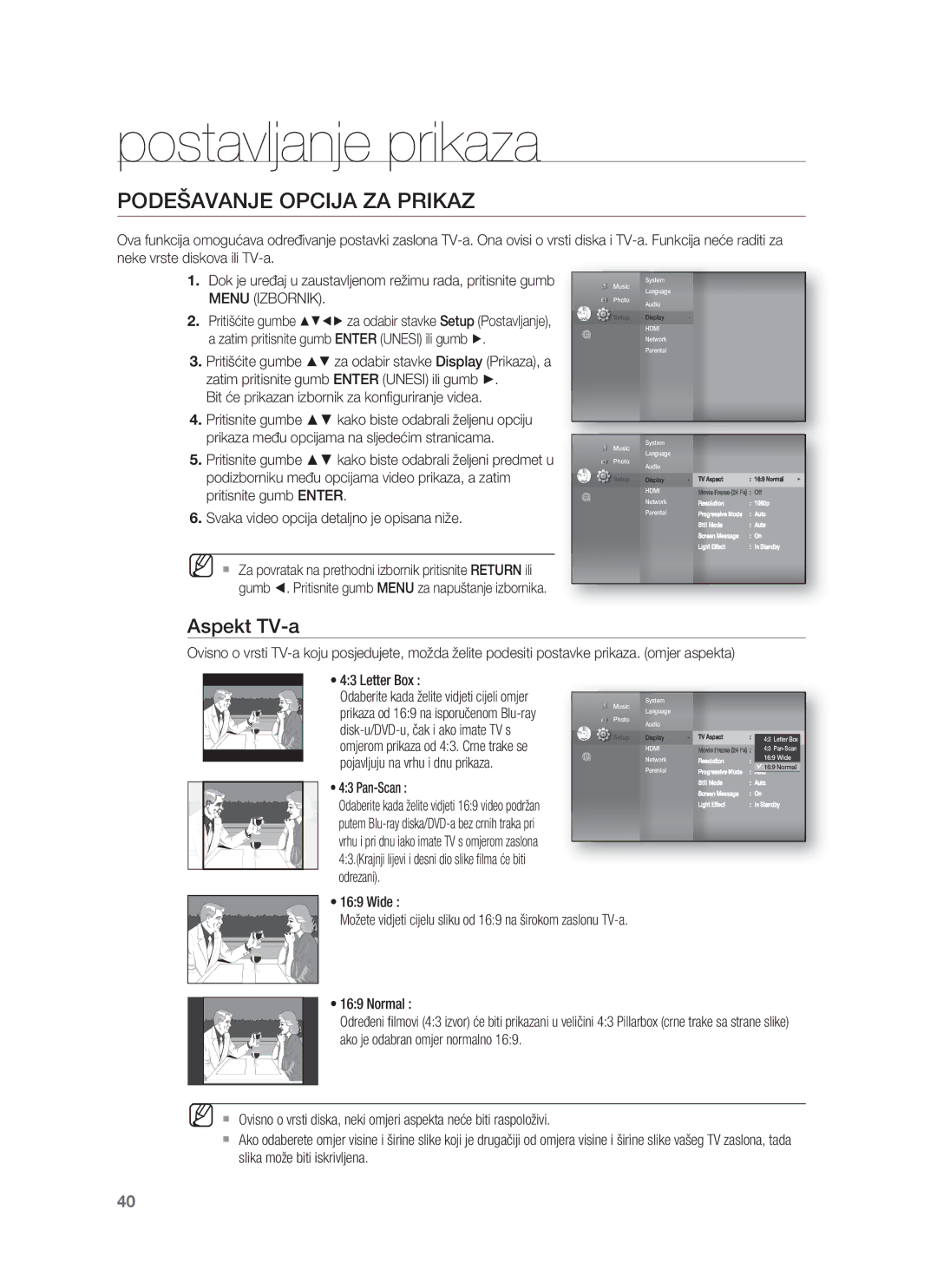 Samsung HT-BD8200T/EDC manual Postavljanje prikaza, Podešavanje Opcija ZA Prikaz, Aspekt TV-a, Pan-Scan 